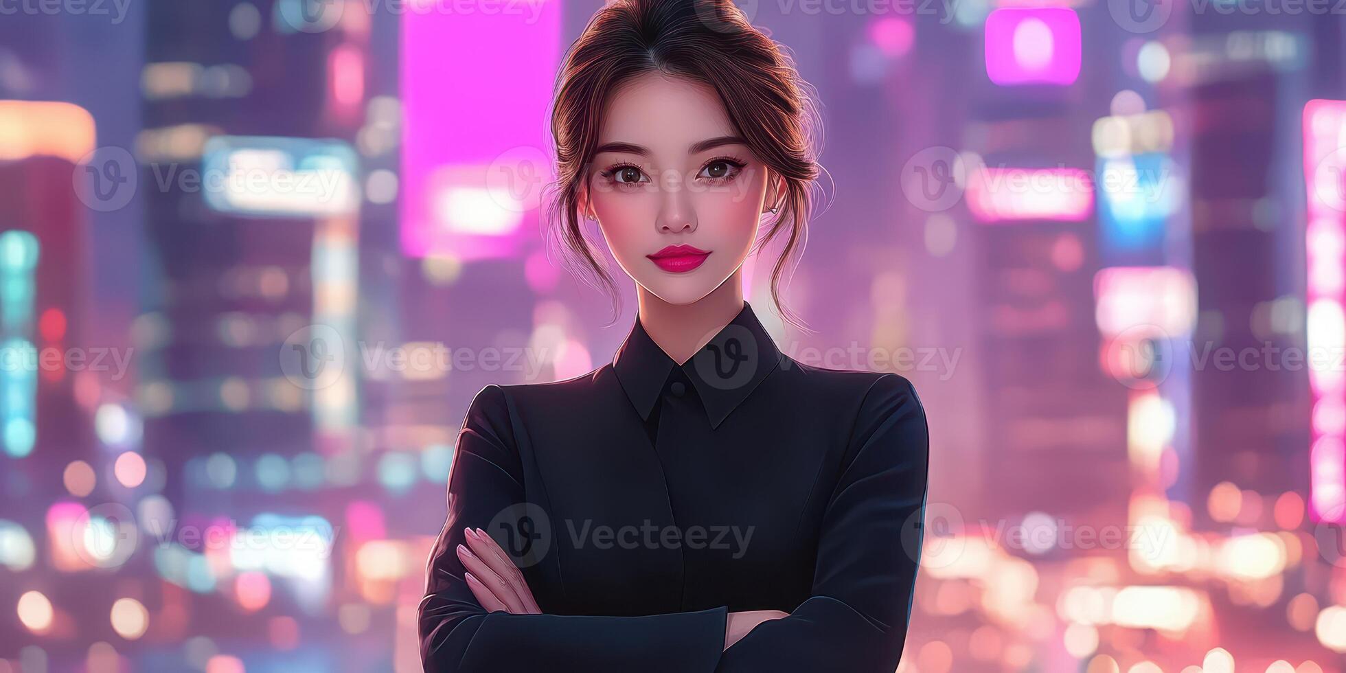 Young businesswoman standing confidently in a vibrant city setting at night with colorful lights illuminating the background photo