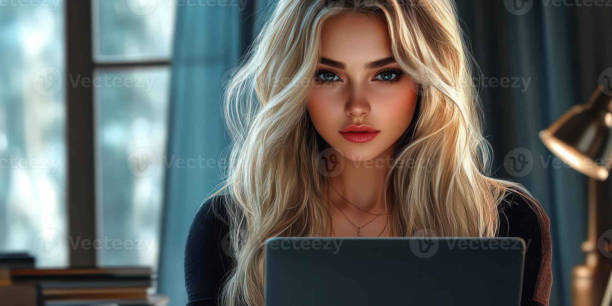 Young woman with long blonde hair working on a laptop in a cozy indoor setting with warm lighting photo