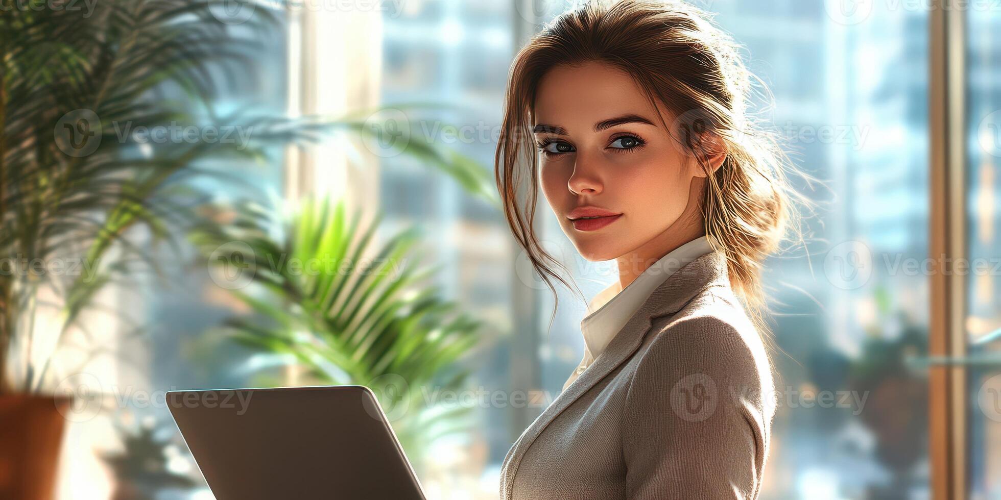 Young professional woman working on a laptop in a bright office with plants during the day photo