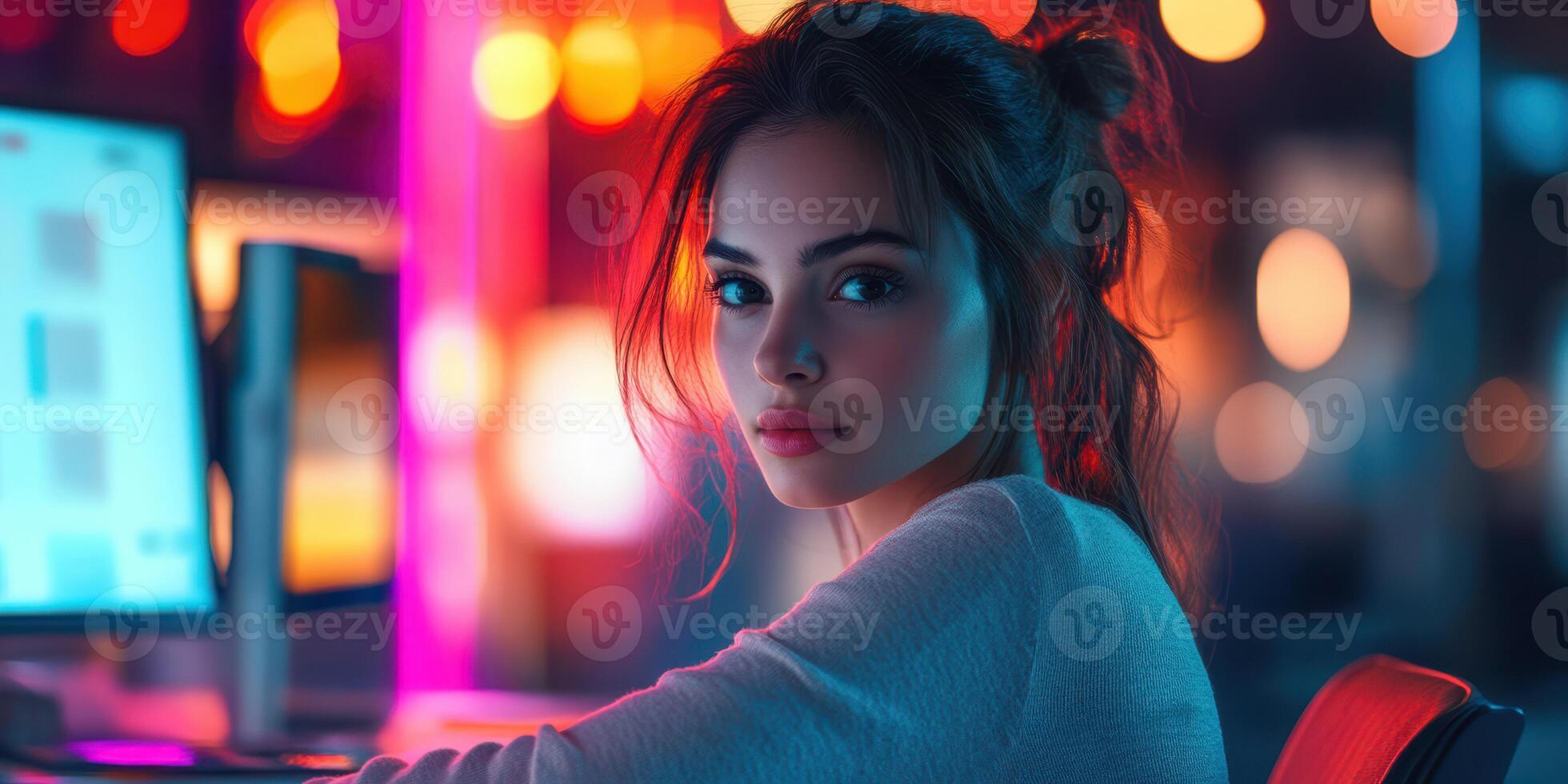 Young woman with glowing lights behind her gazing thoughtfully while working late at night in an illuminated workspace photo