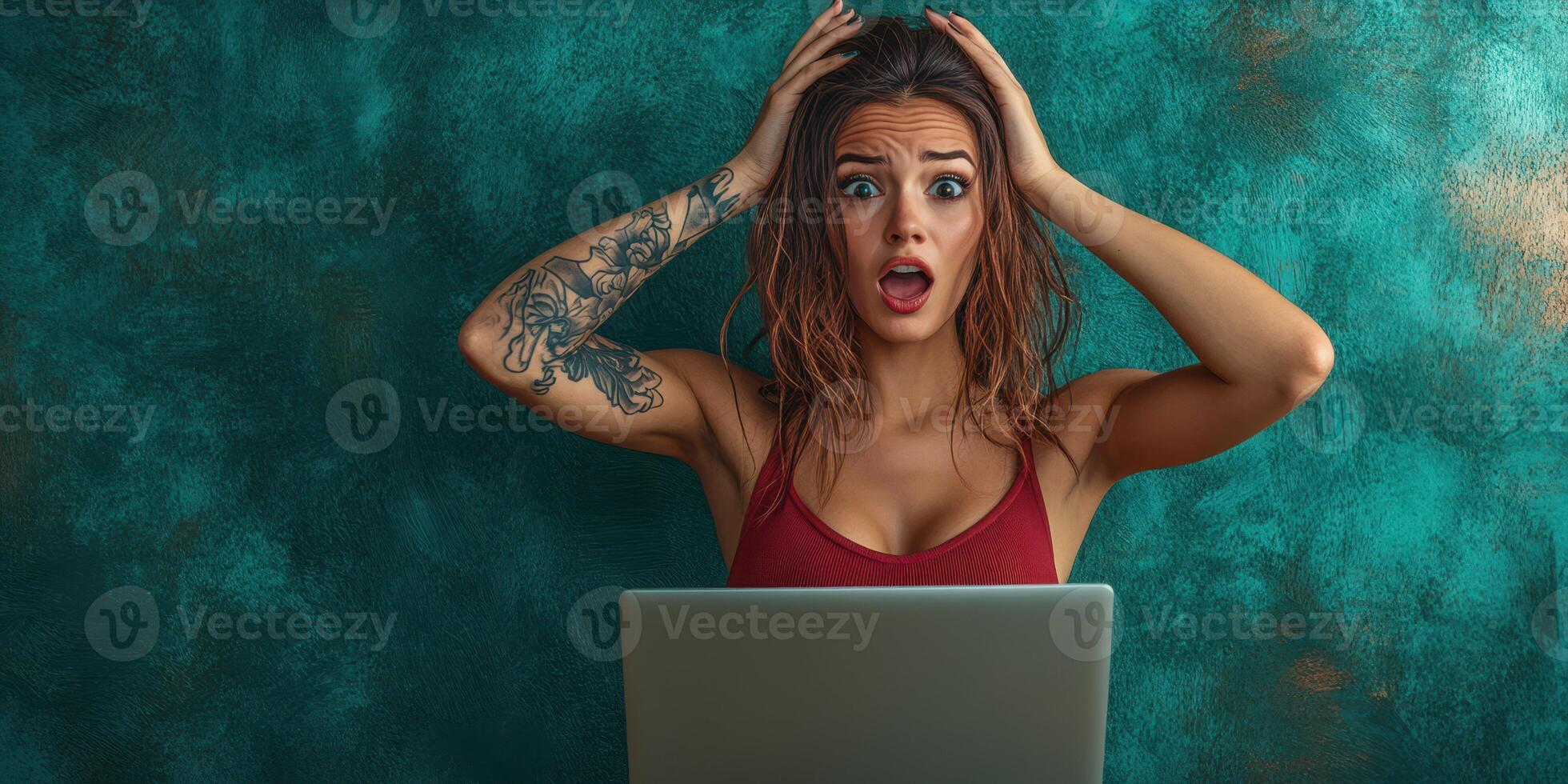 Woman expressing shock while looking at laptop screen in a vibrant indoor setting photo