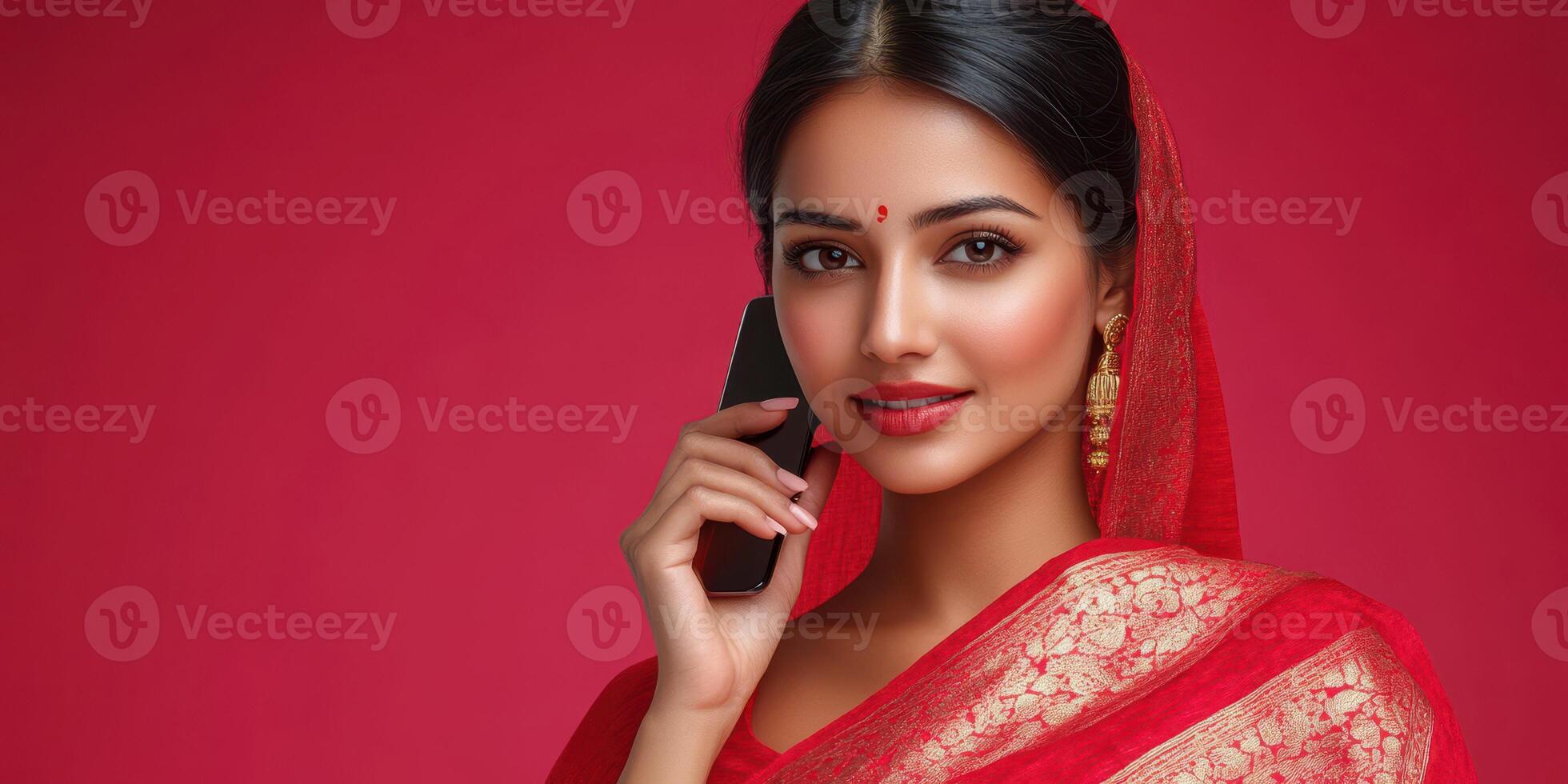 Young woman in traditional attire enjoying a phone call against a vibrant red background during a festive celebration photo