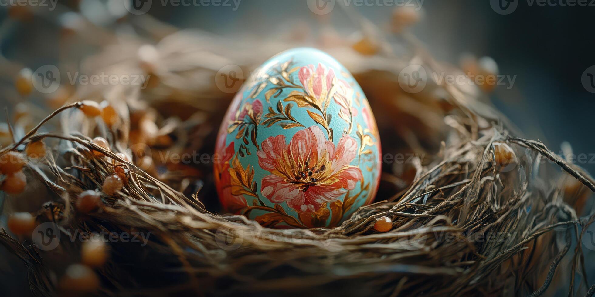 Beautifully decorated egg nestled in a natural nest with delicate floral patterns and warm colors photo