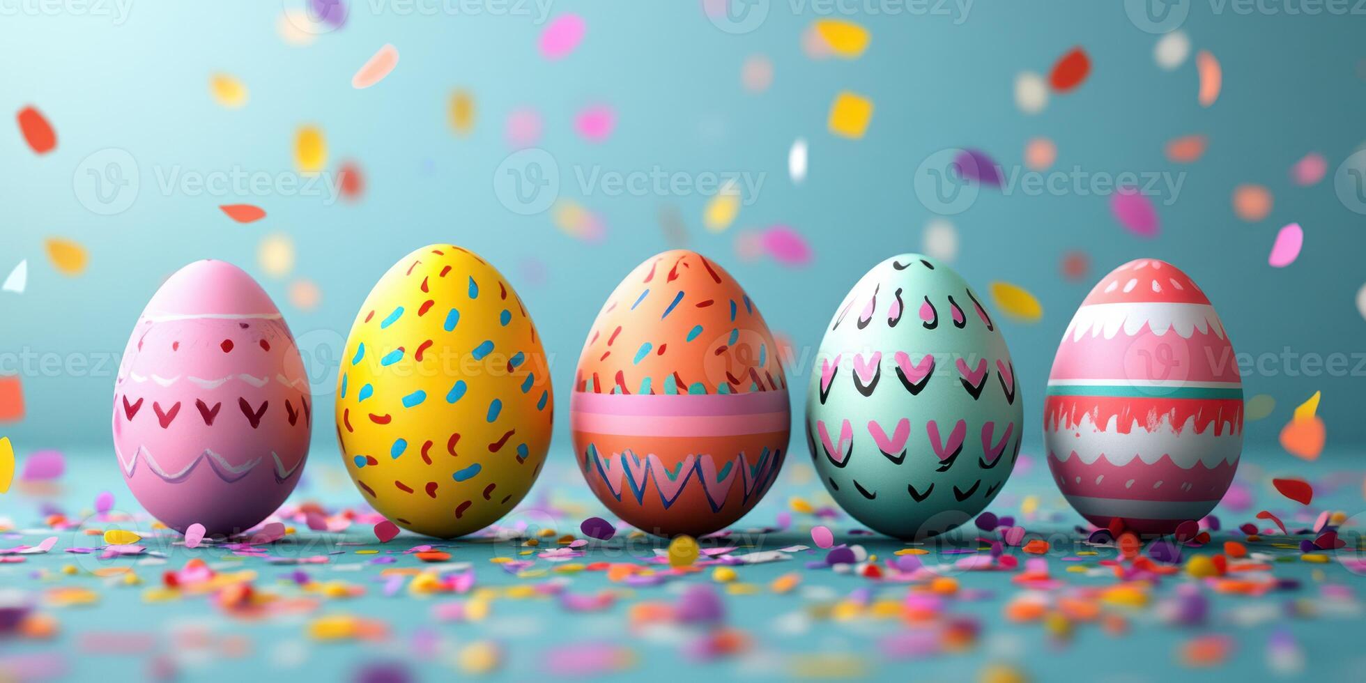 Colorful decorated eggs with confetti on a surface celebrating a festive occasion in springtime photo