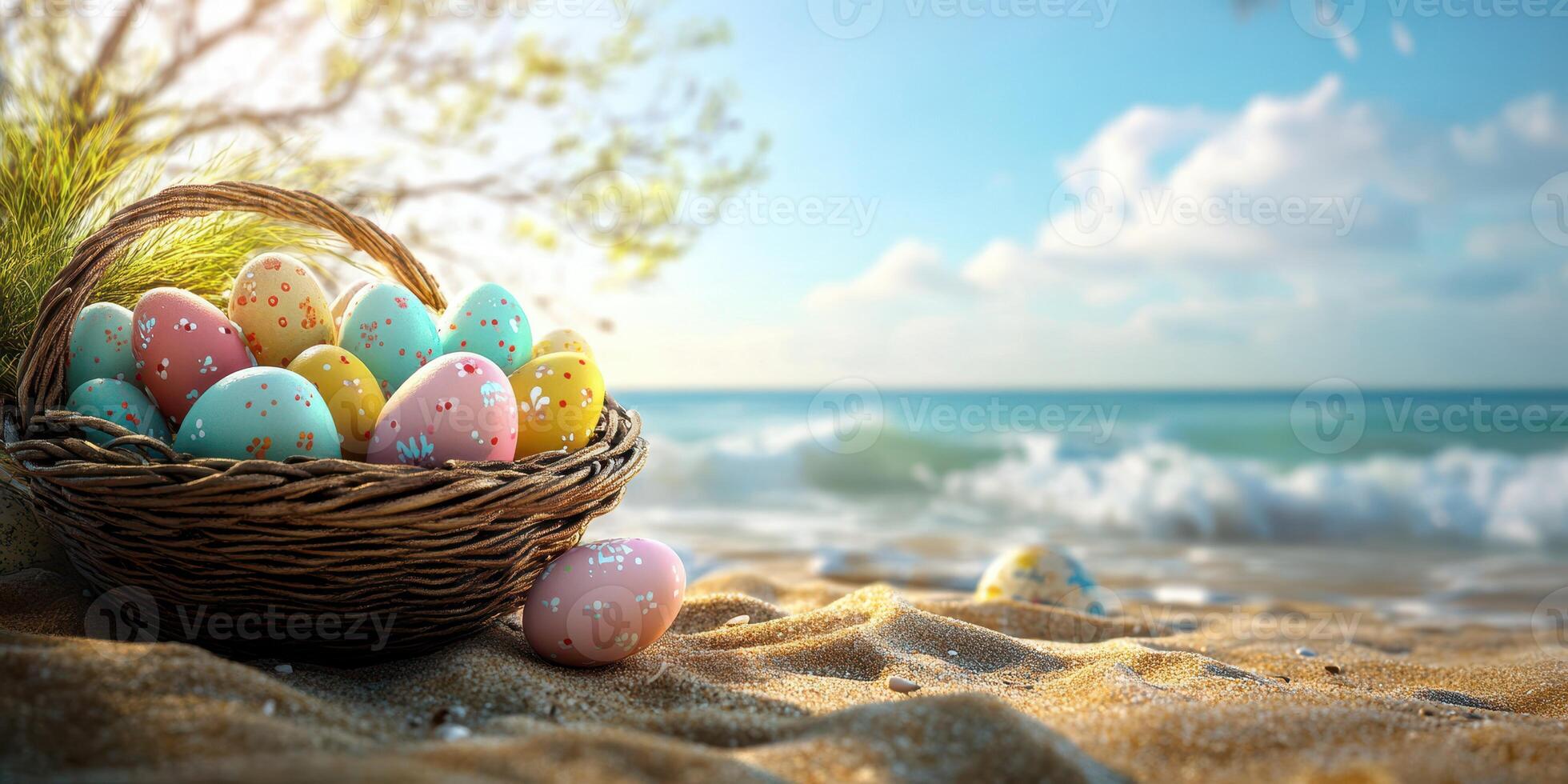 Colorful easter eggs in a wicker basket on a sandy beach with waves and clear sky in the background during daylight photo