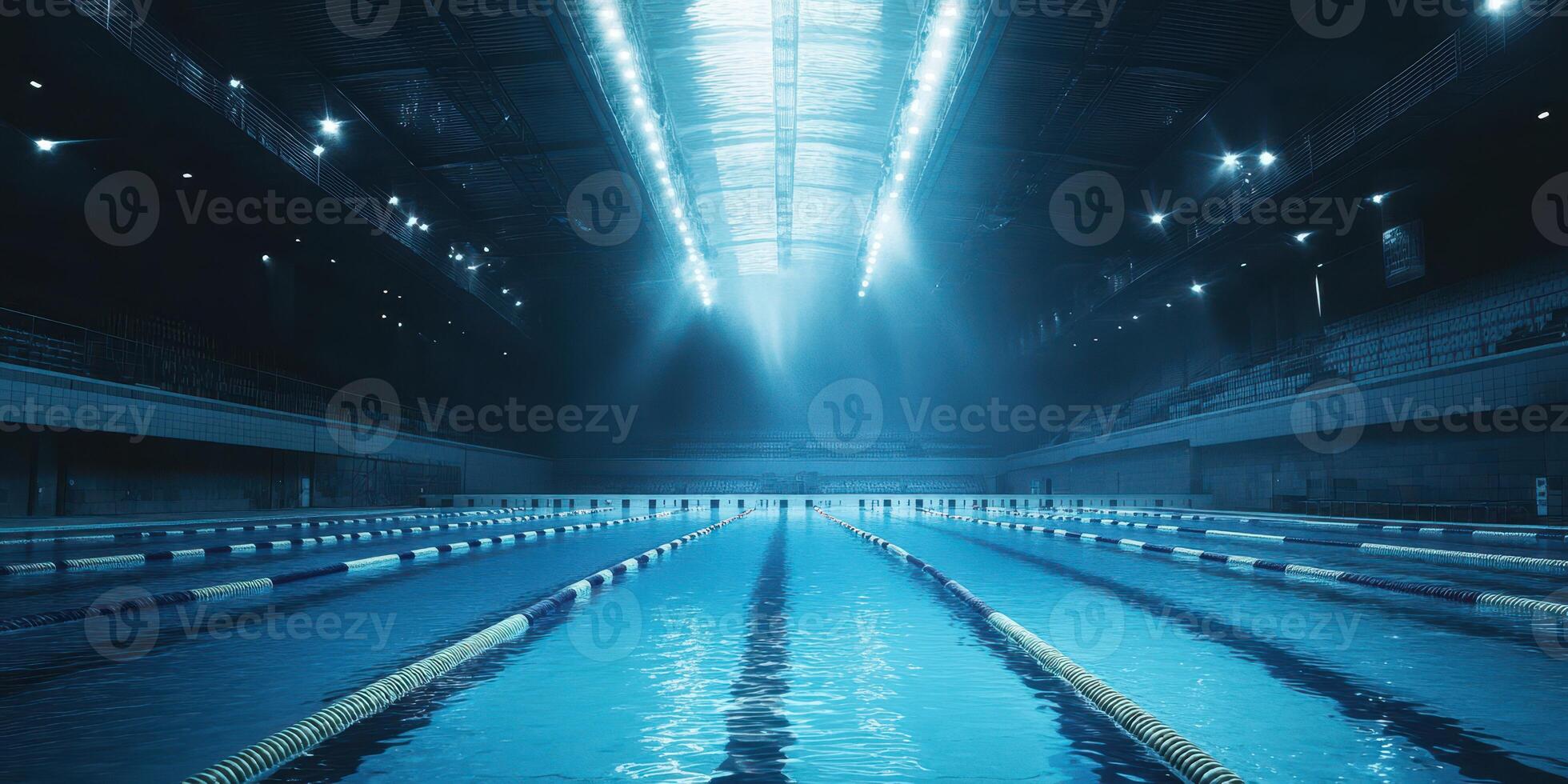 Indoor swimming pool illuminated by dramatic lighting, creating a serene atmosphere for swimmers and spectators photo
