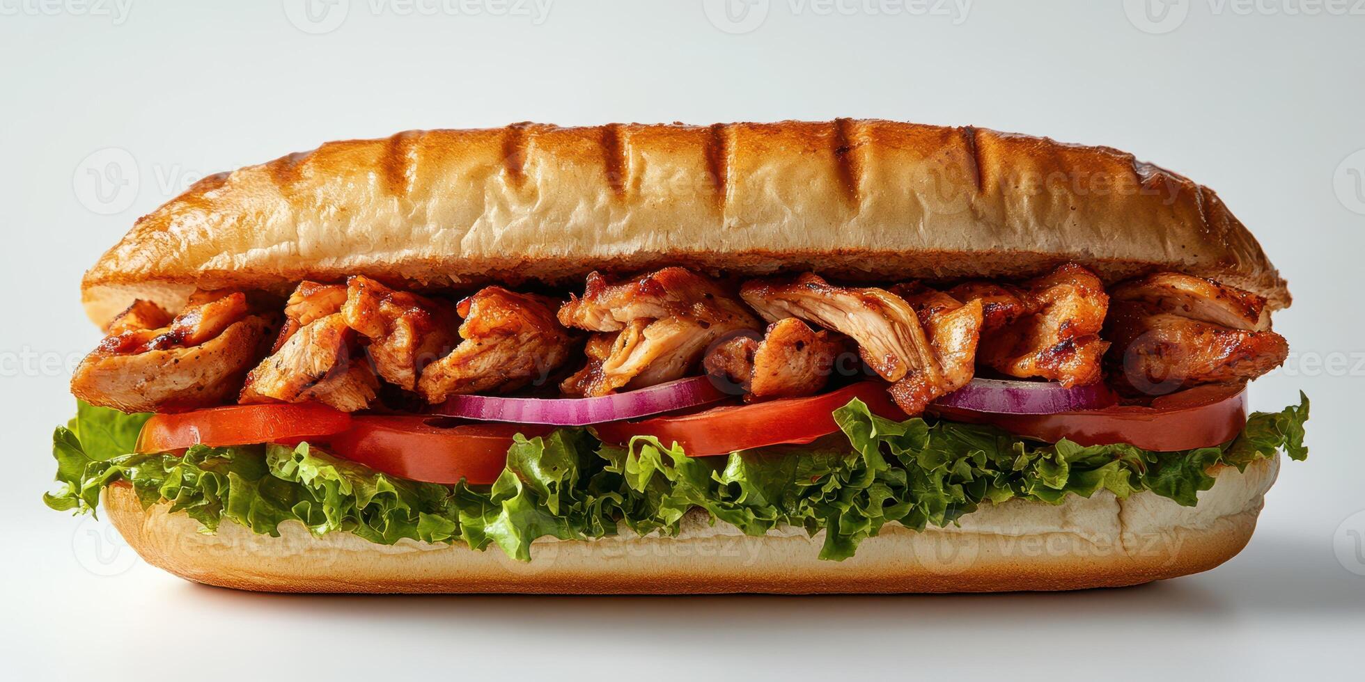 Delicious grilled chicken sandwich with fresh vegetables on a toasted bun photo