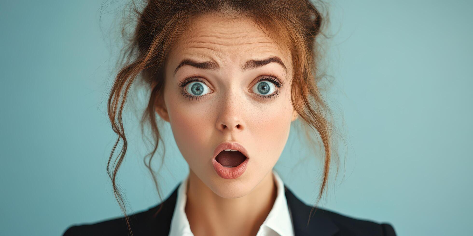 Woman expressing shock with wide eyes and open mouth against a light blue background while wearing a dark blazer photo