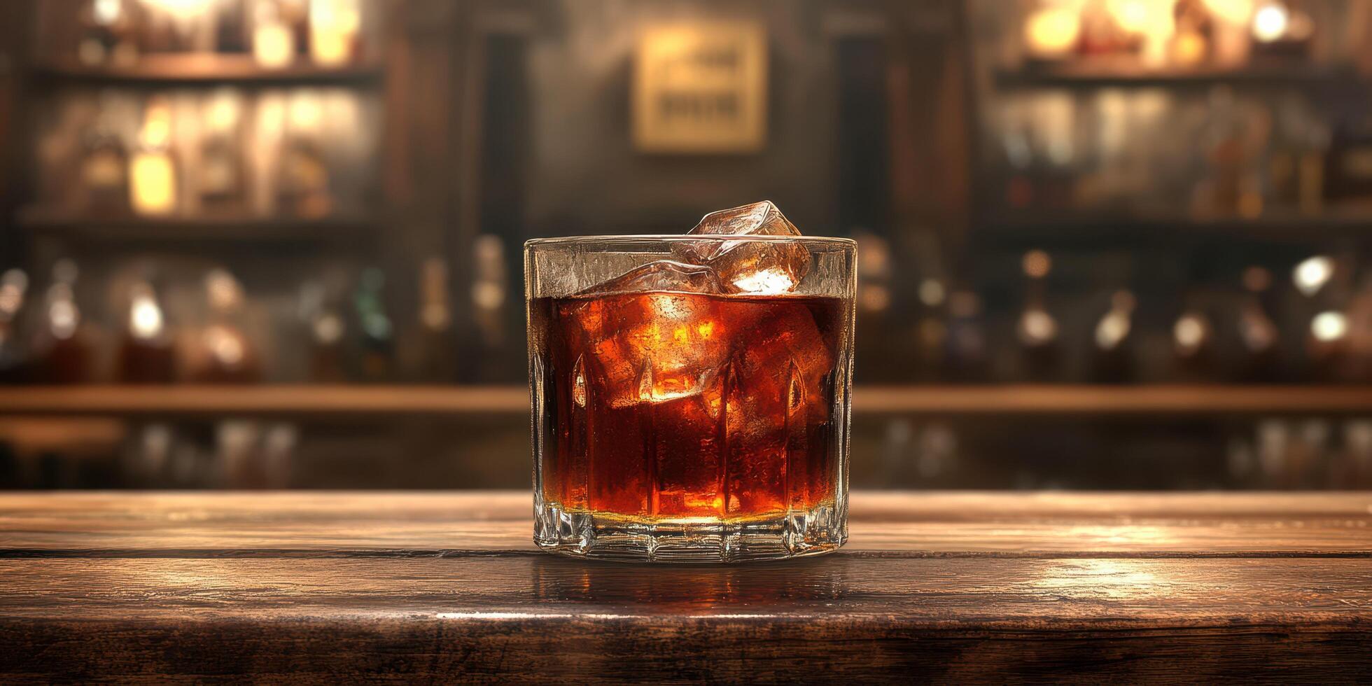 Refreshing cocktail with ice cubes served in a glass at a cozy bar setting during the evening hours photo