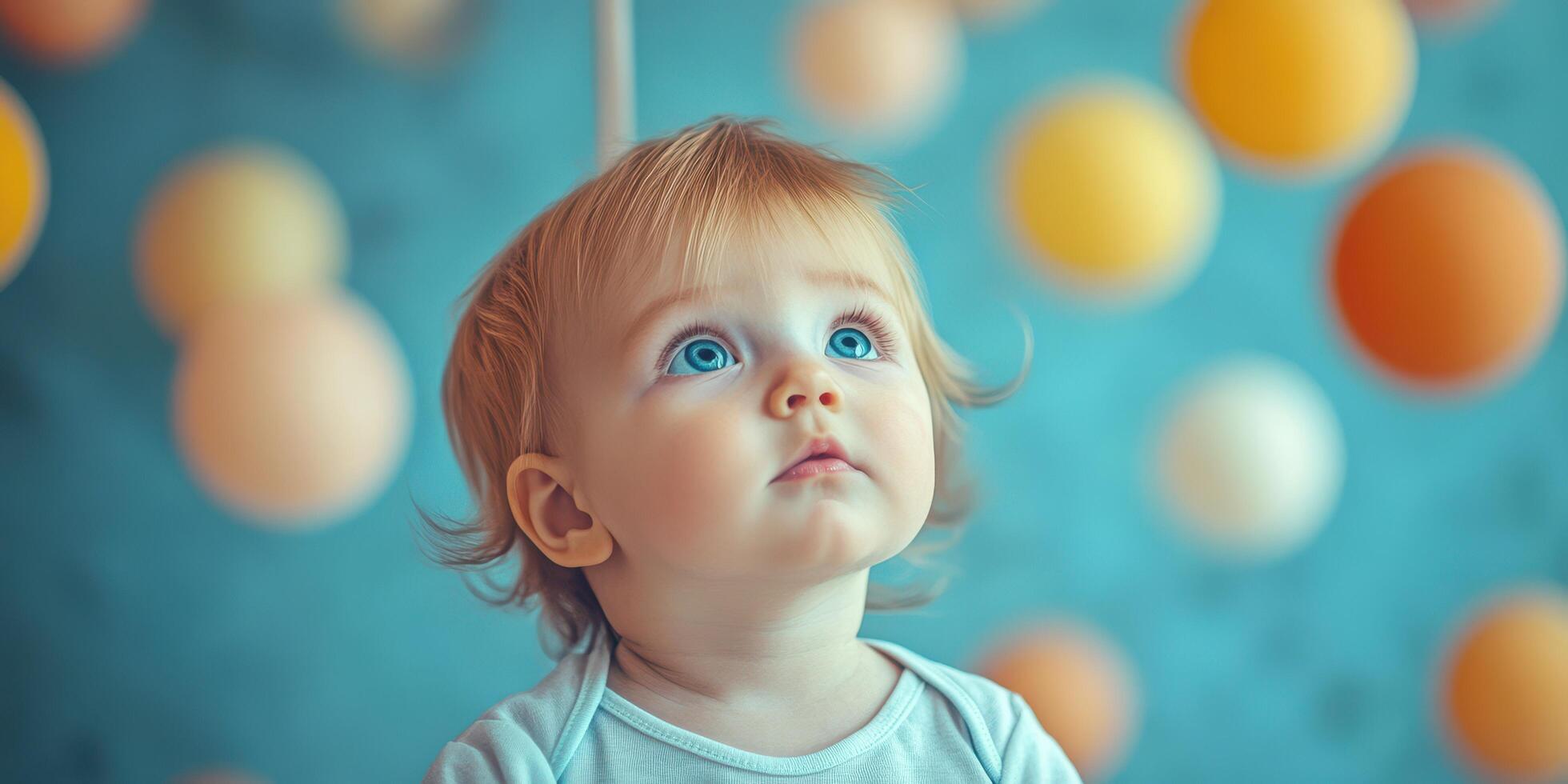 Bright-eyed baby gazes up at colorful floating spheres in a tranquil indoor setting photo
