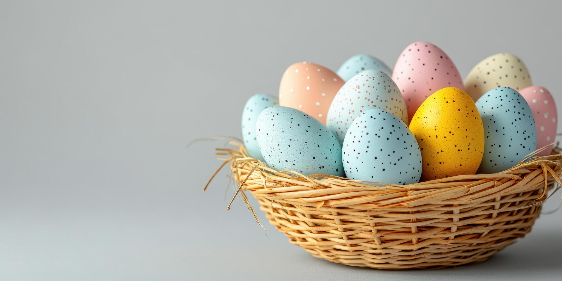 Colorful Easter eggs arranged in a woven basket against a neutral background during spring celebrations photo