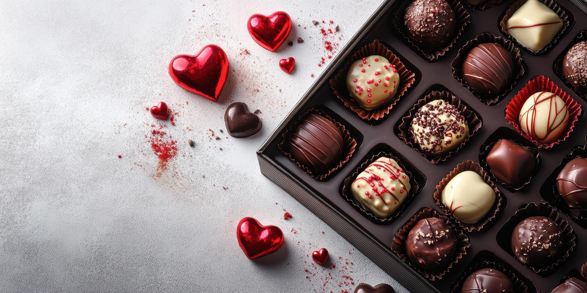 Exquisite box of assorted chocolates with heart-shaped decorations for special occasions photo