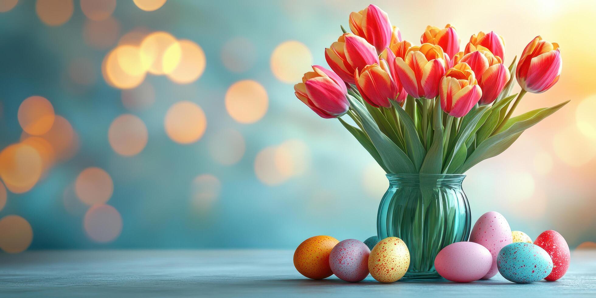 Spring celebration with colorful tulips and decorative Easter eggs in a serene setting photo