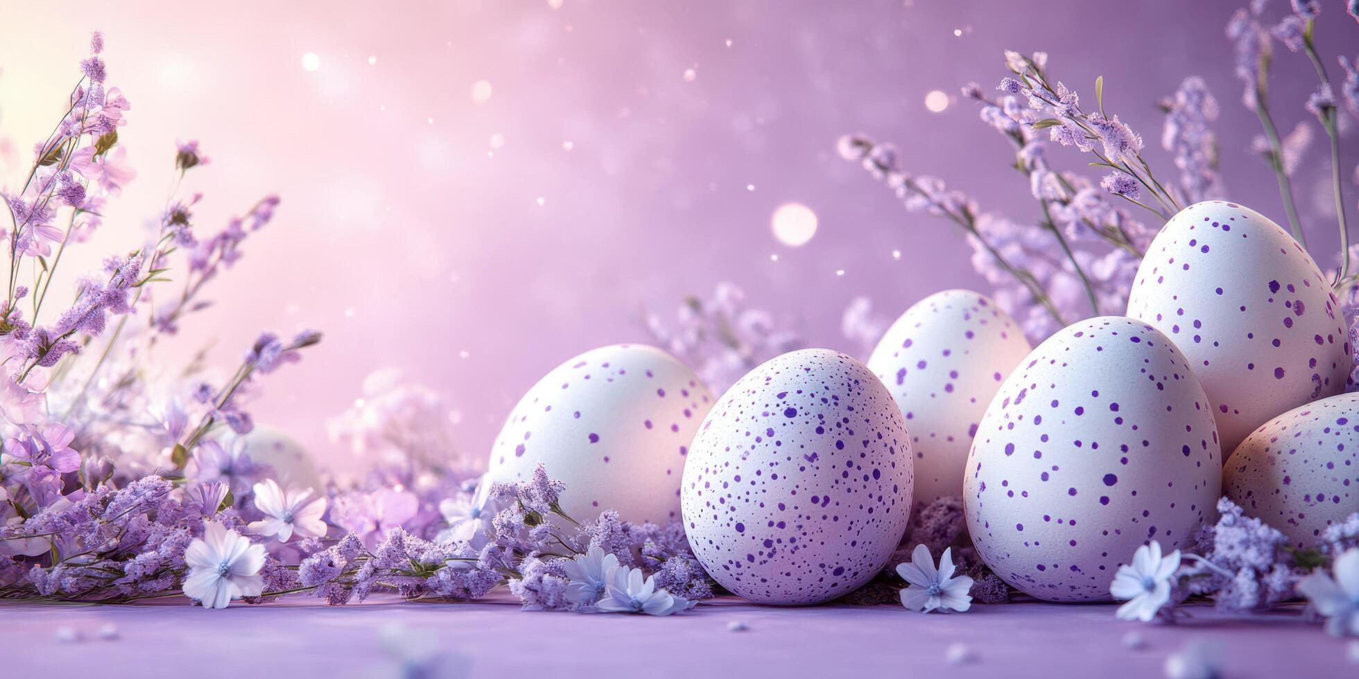 Beautiful decorative eggs arranged among lavender flowers with a soft purple background in springtime setting photo