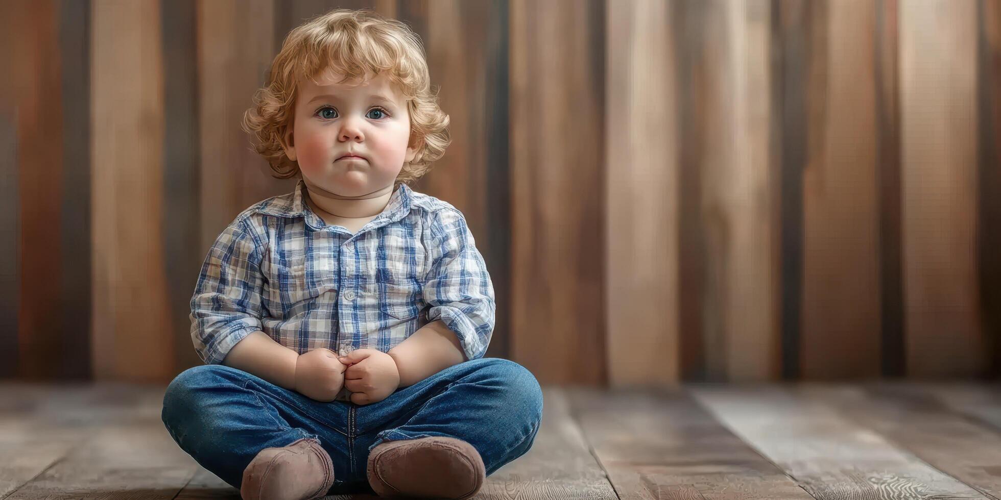 Cute toddler sitting on wooden floor in casual outfit, deep in thought, in cozy room with natural lighting photo