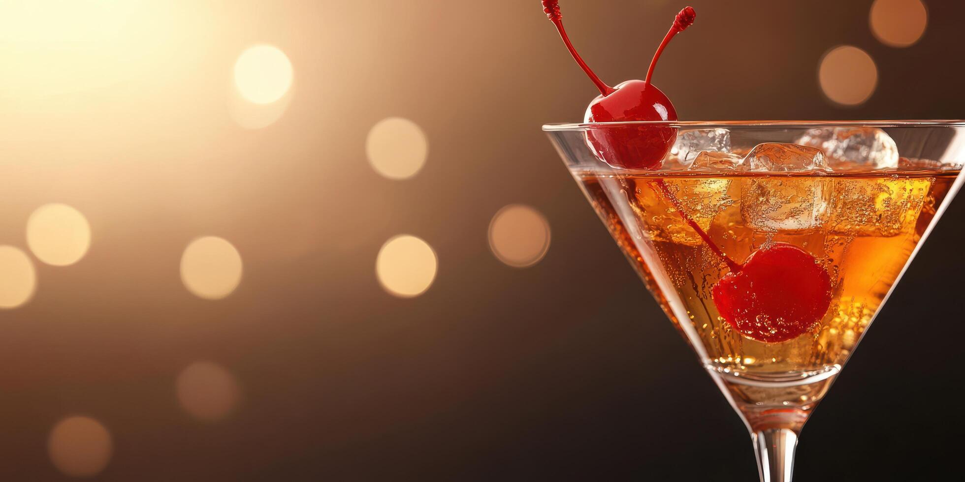 Cherry garnished cocktail served in a martini glass with ice and sparkling background during a celebratory evening event photo