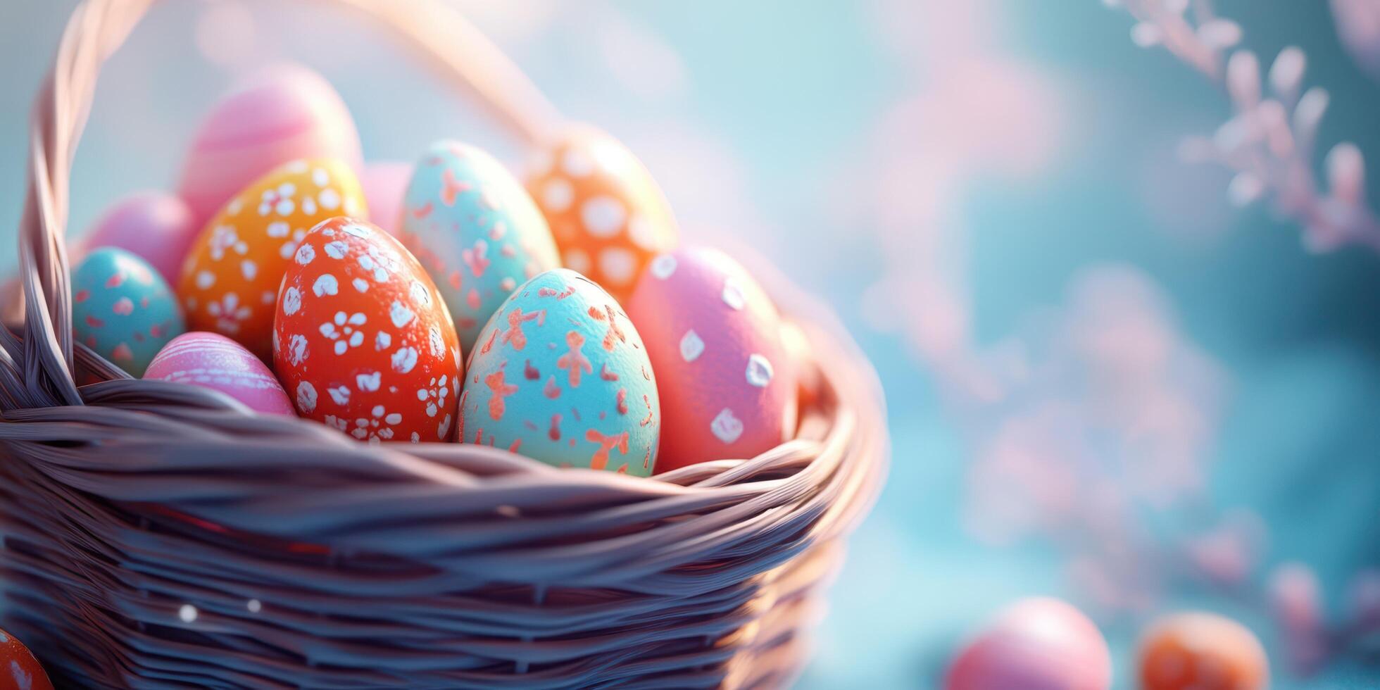 Brightly colored Easter eggs arranged in a basket with soft pastel colors and a spring background in bright daylight photo