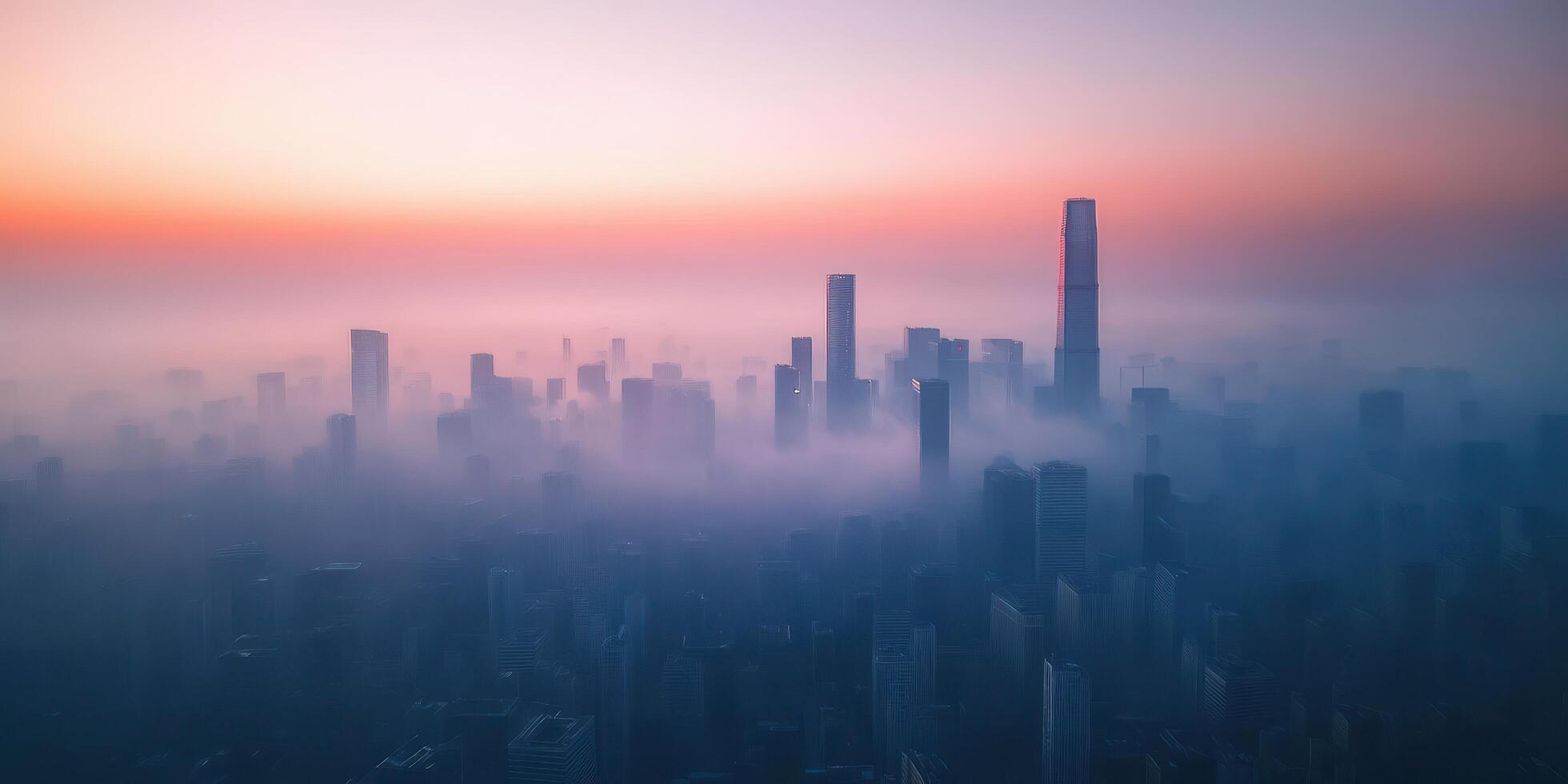 Stunning skyline view of skyscrapers shrouded in fog during sunrise in a bustling metropolis photo