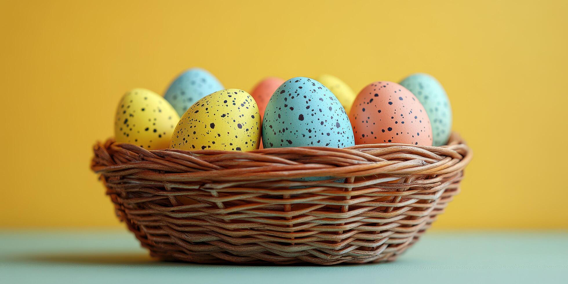 Colorful speckled eggs arranged in a woven basket against a bright yellow background photo