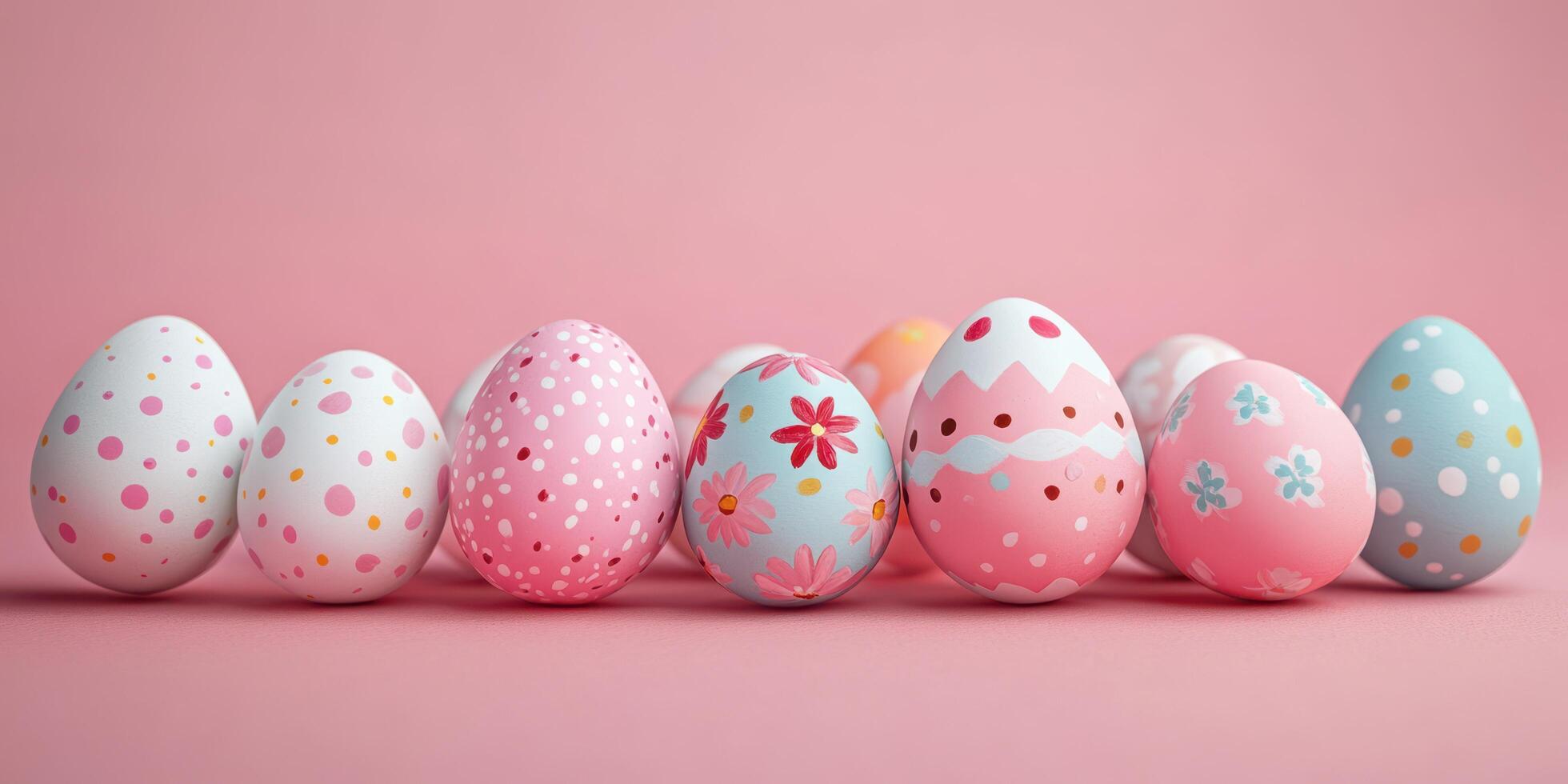 Decorative Easter eggs in pastel colors arranged on a soft pink background for spring festivities photo