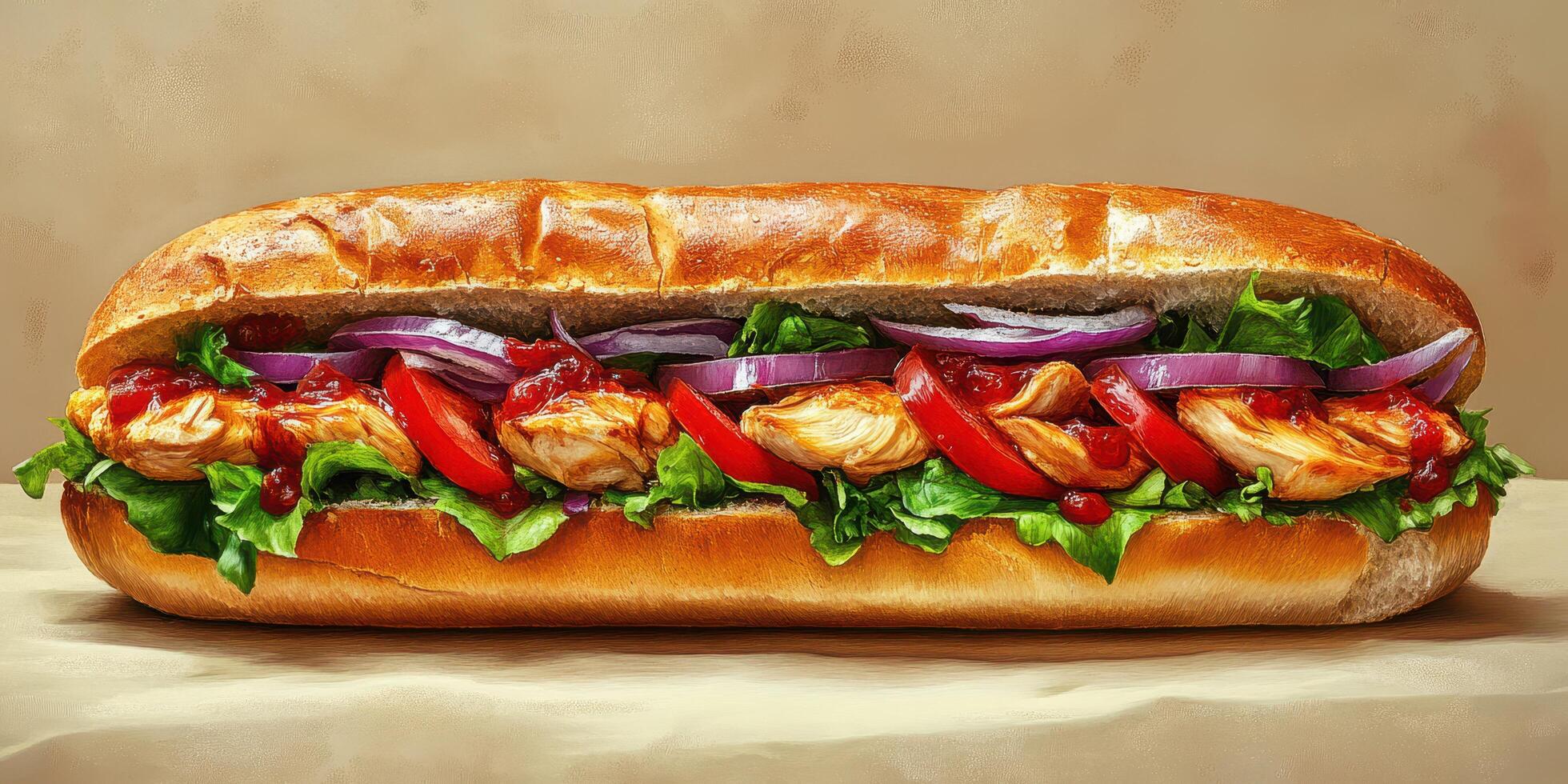 Delicious sandwich filled with grilled chicken, fresh vegetables, and sauces served on a toasted hoagie roll photo