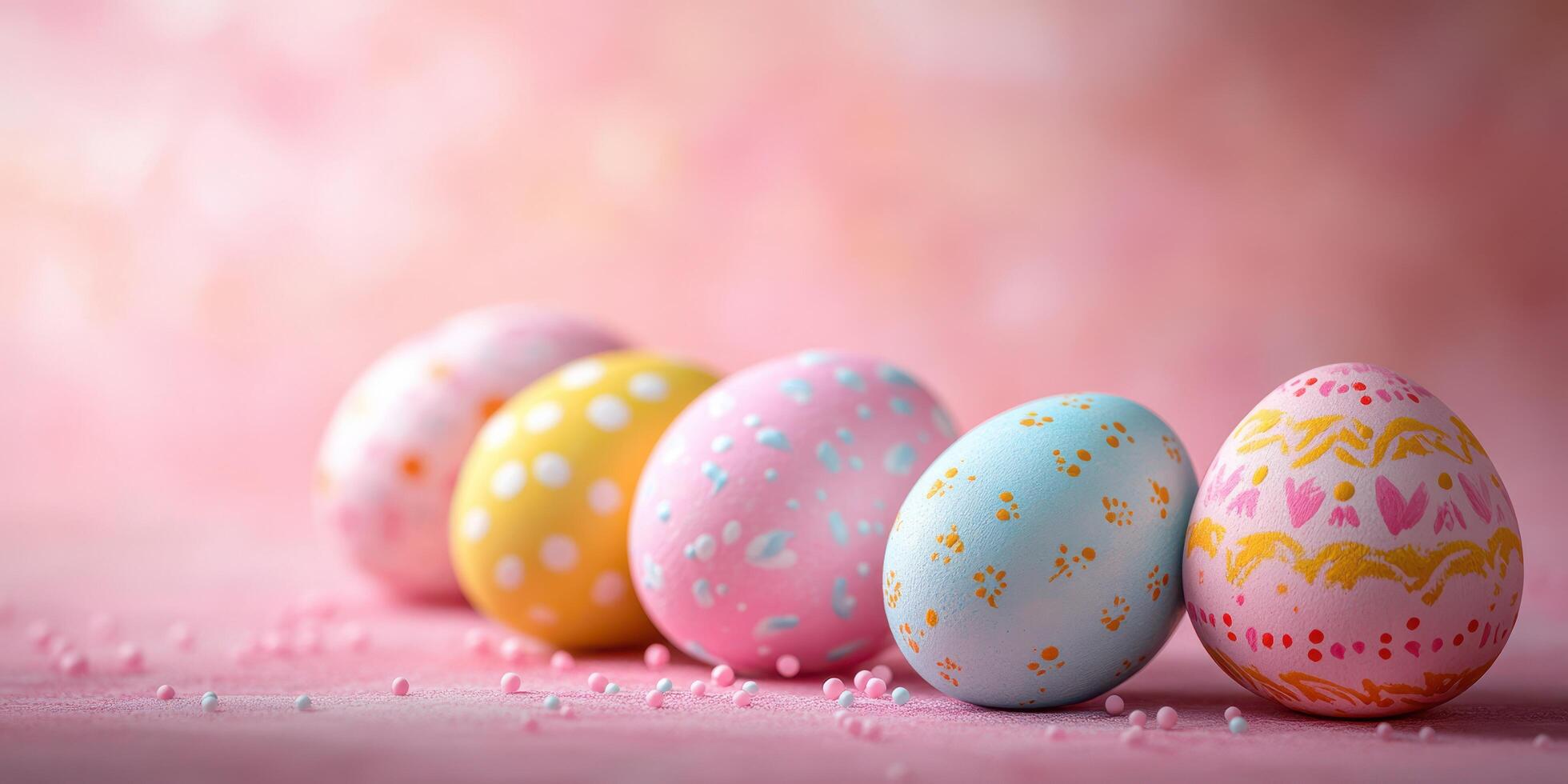 Colorful decorated Easter eggs arranged on a soft pink surface with sprinkles in a cheerful spring setting photo