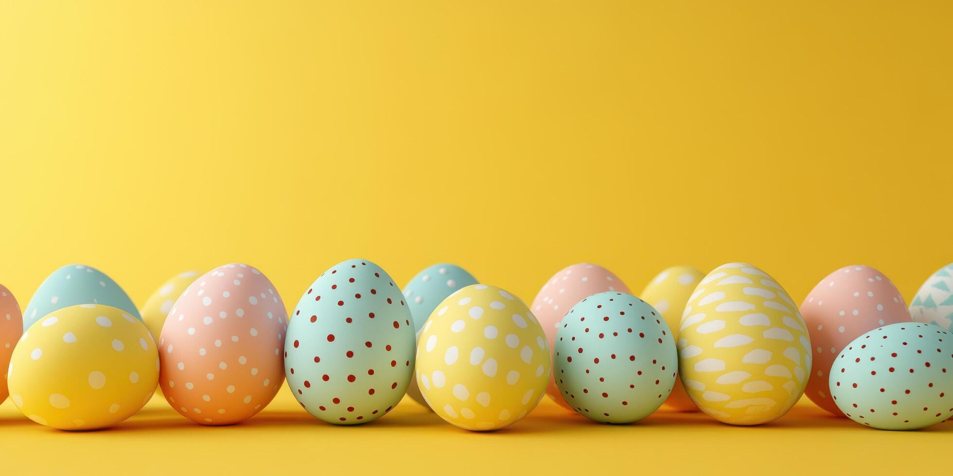 Colorful decorated eggs arranged on a bright yellow background for Easter celebrations during springtime photo