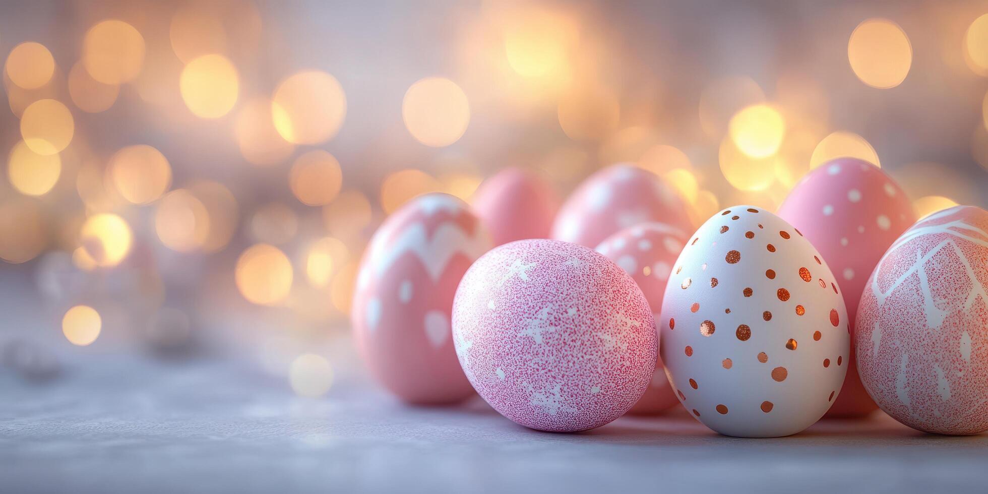 Decorative pastel Easter eggs arranged on a table with soft bokeh lights in the background during springtime festivities photo