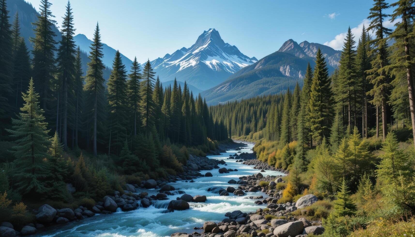 A river runs through a forest with mountains in the background photo