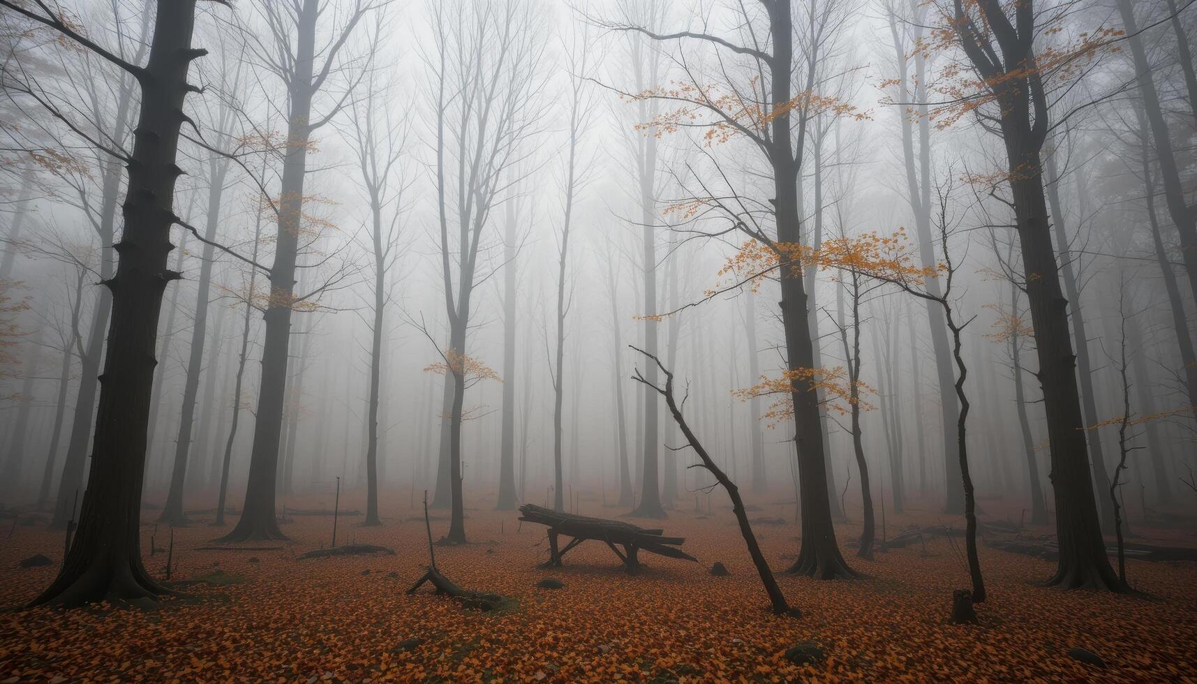 A bench in the middle of a foggy forest photo