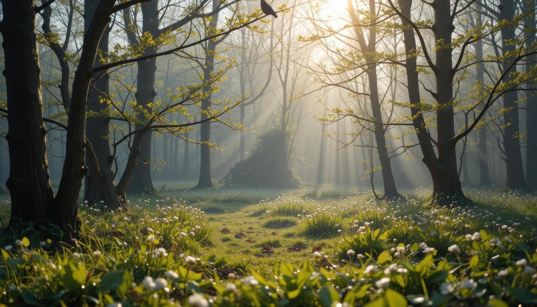 A forest with trees and grass in the morning photo