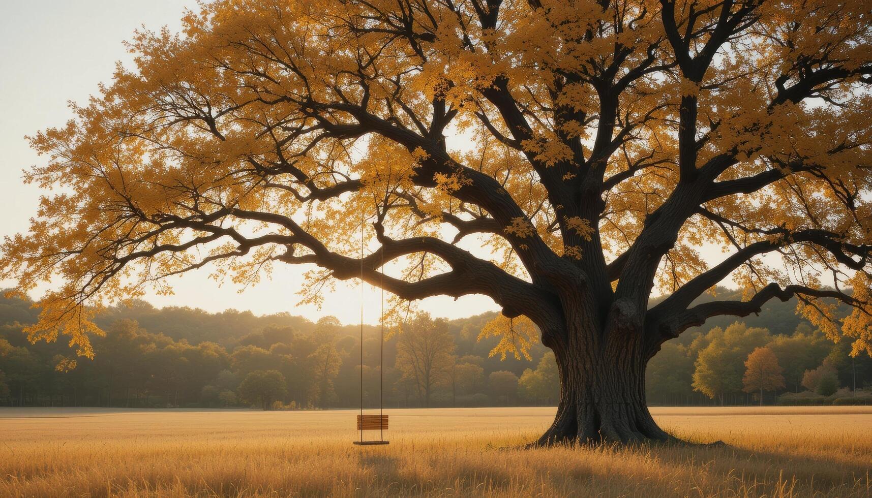 A large tree in the middle of a field with a bench photo