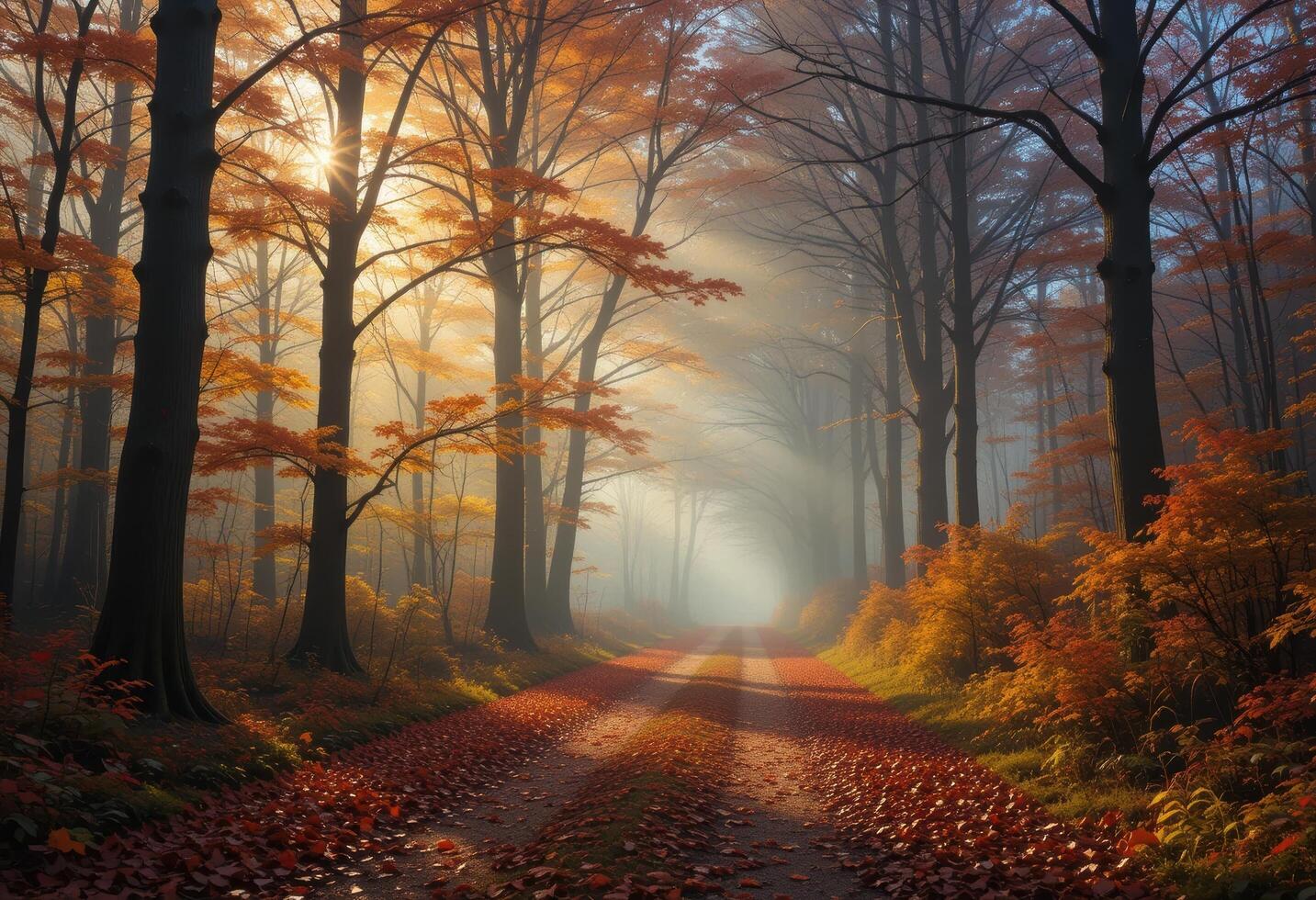 A road in the middle of an autumn forest with trees and leaves photo
