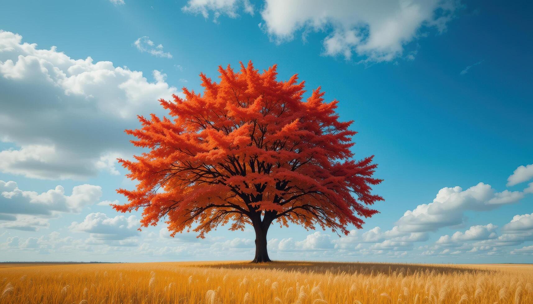 A lone red tree in a field with a blue sky photo