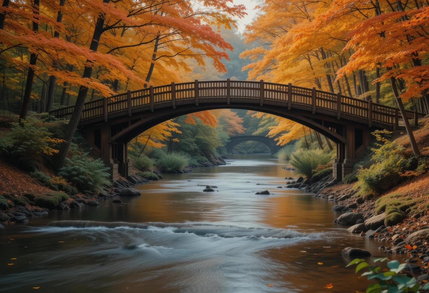 A bridge over a river in the fall photo