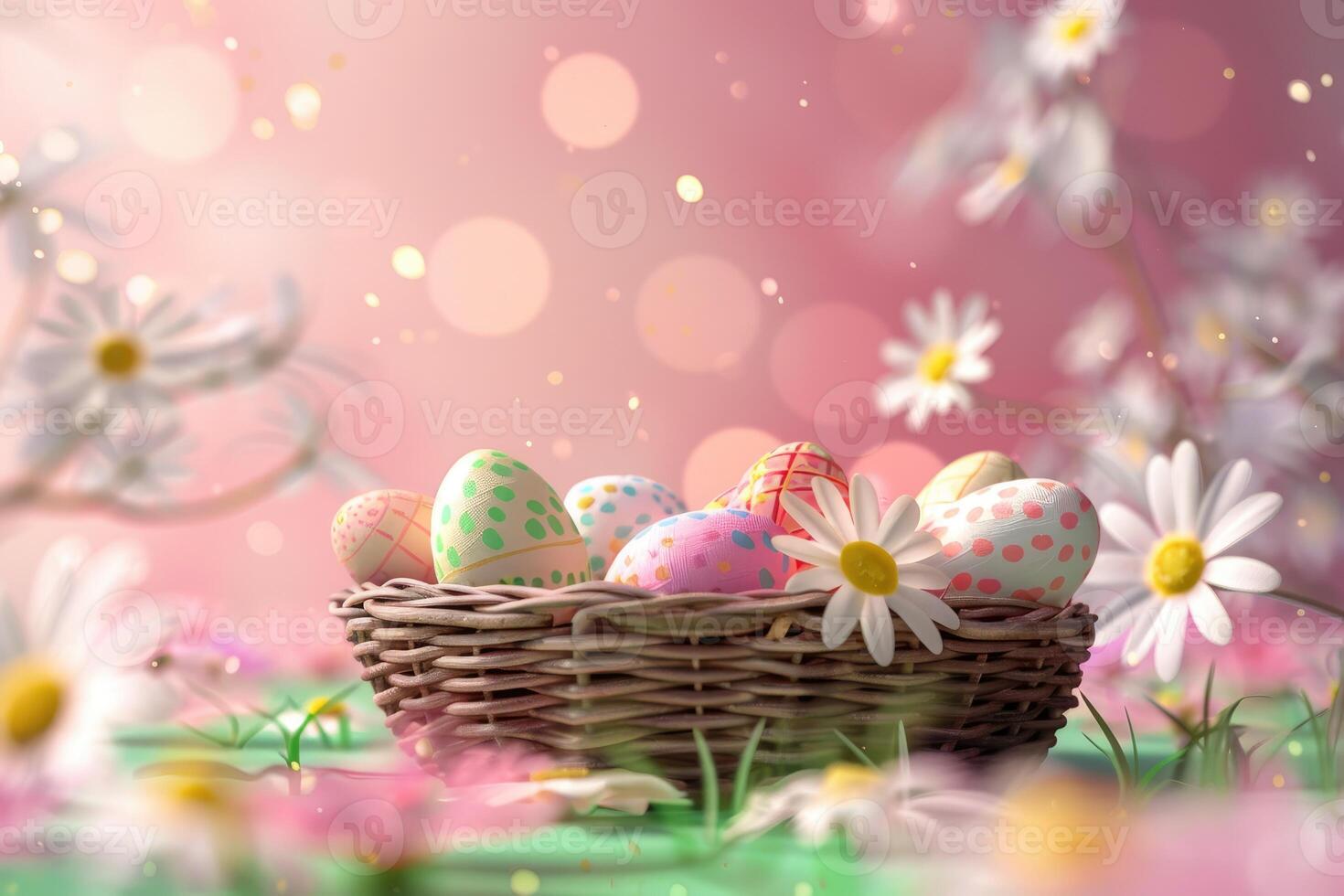 Easter Eggs in a Wicker Basket Surrounded by Daisies and a Soft Pink Background photo