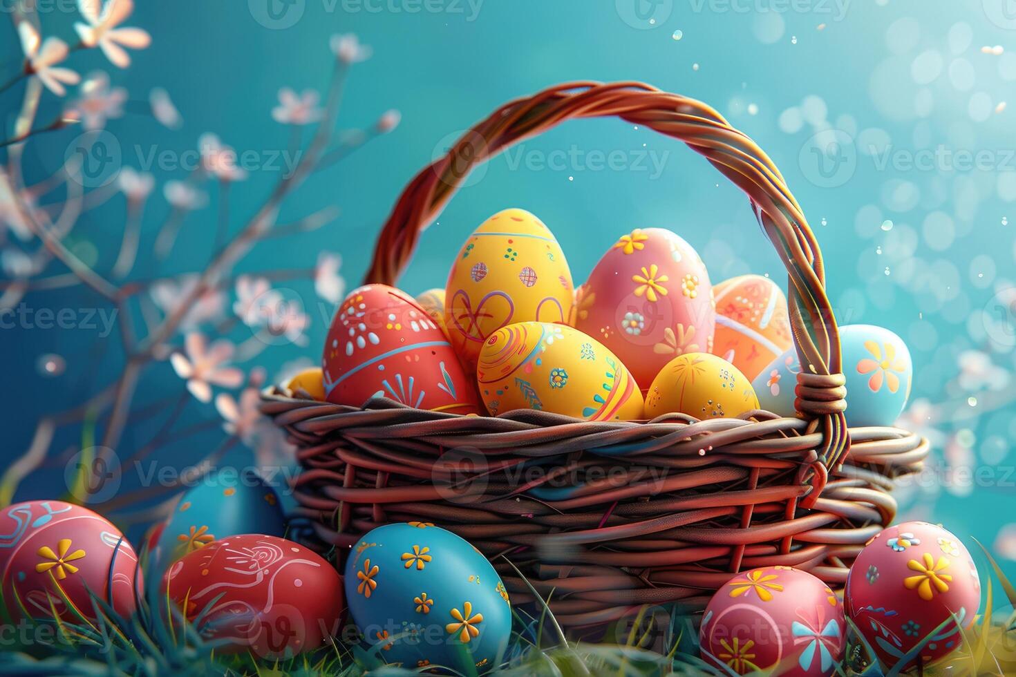Colorful Easter Eggs in a Wicker Basket Surrounded by Spring Blossoms photo