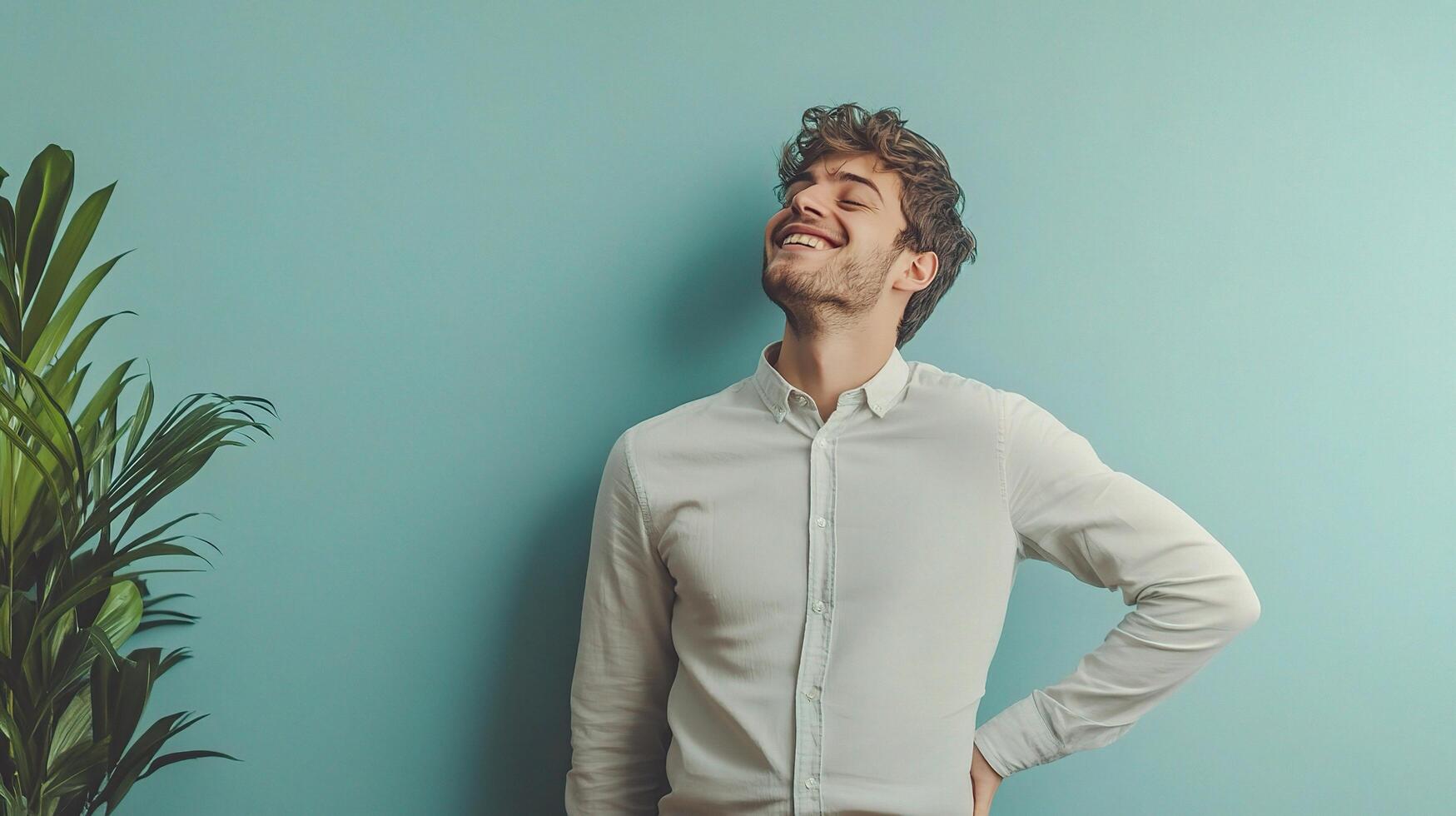 A man is standing in front of a plant and smiling photo