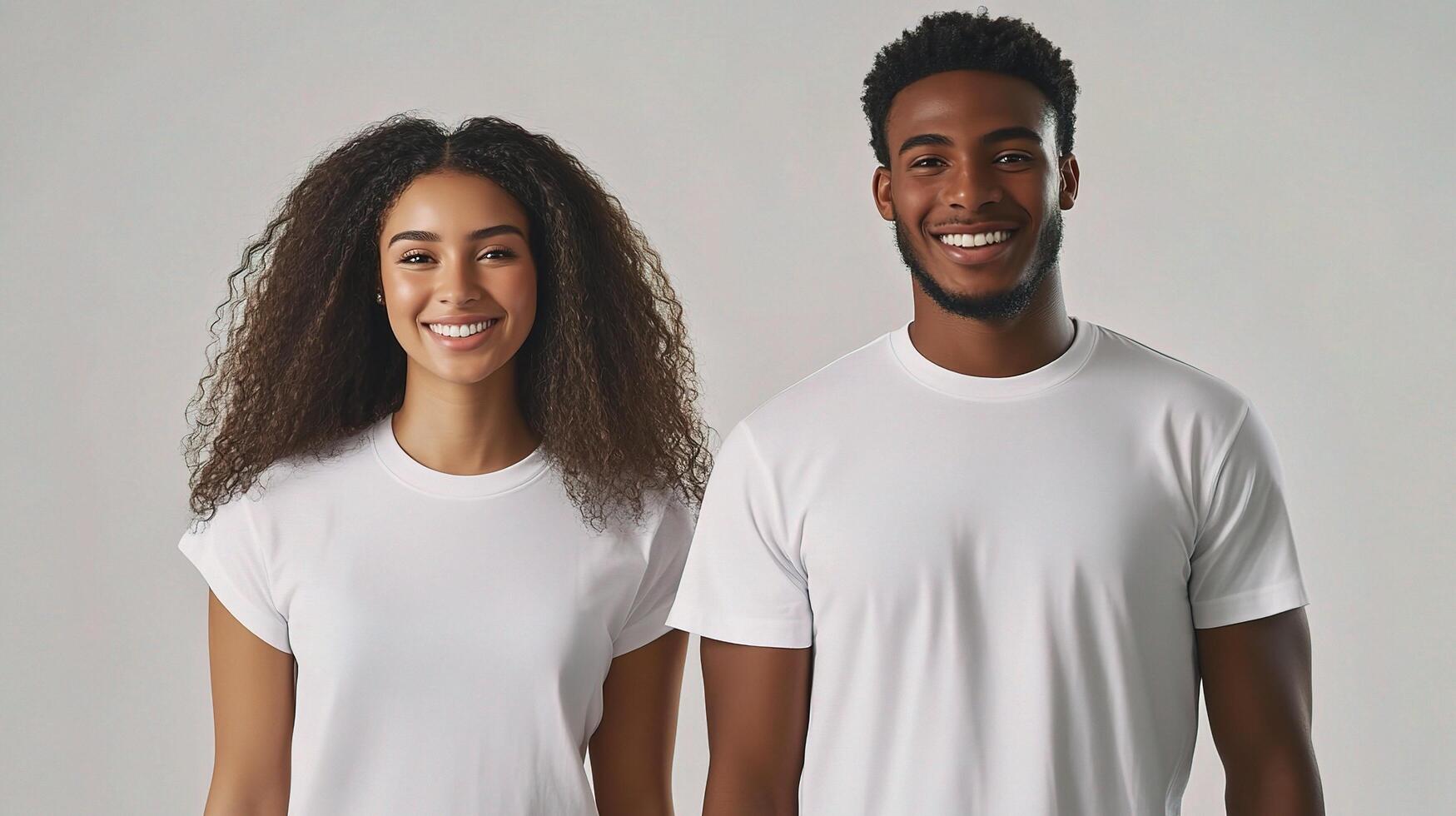 A man and woman in white t - shirts photo