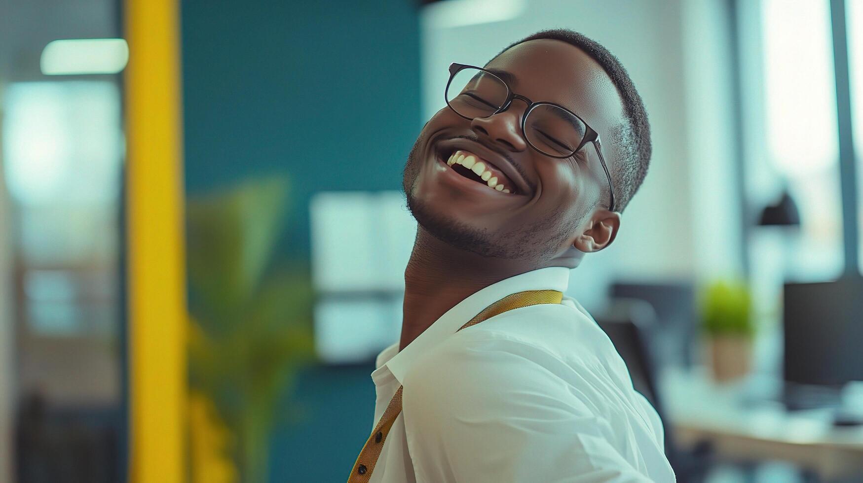 A smiling man in an office with his arms up photo