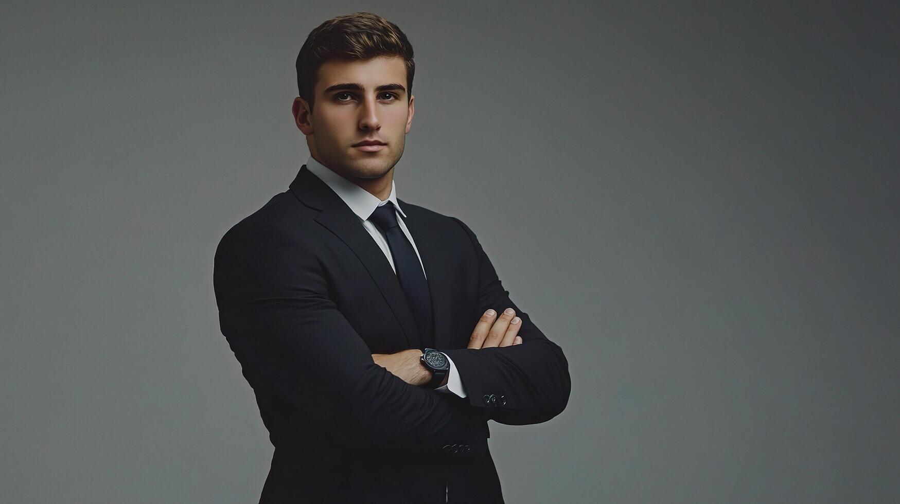 A man in a suit and tie standing with his arms crossed photo