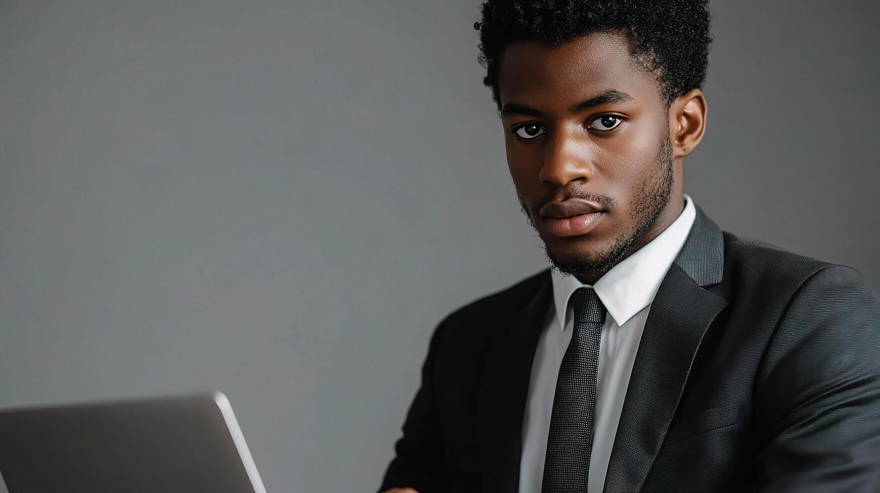 A man in a suit and tie is looking at a laptop photo
