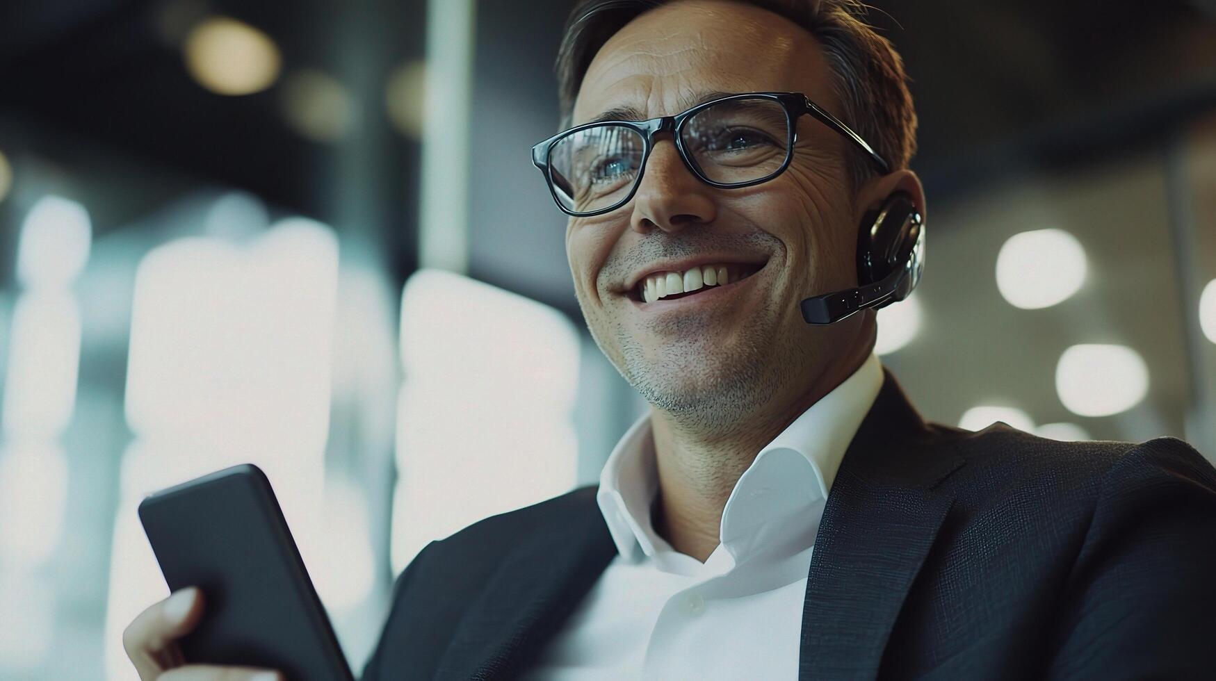 A man in glasses and a suit is smiling while holding a cell phone photo