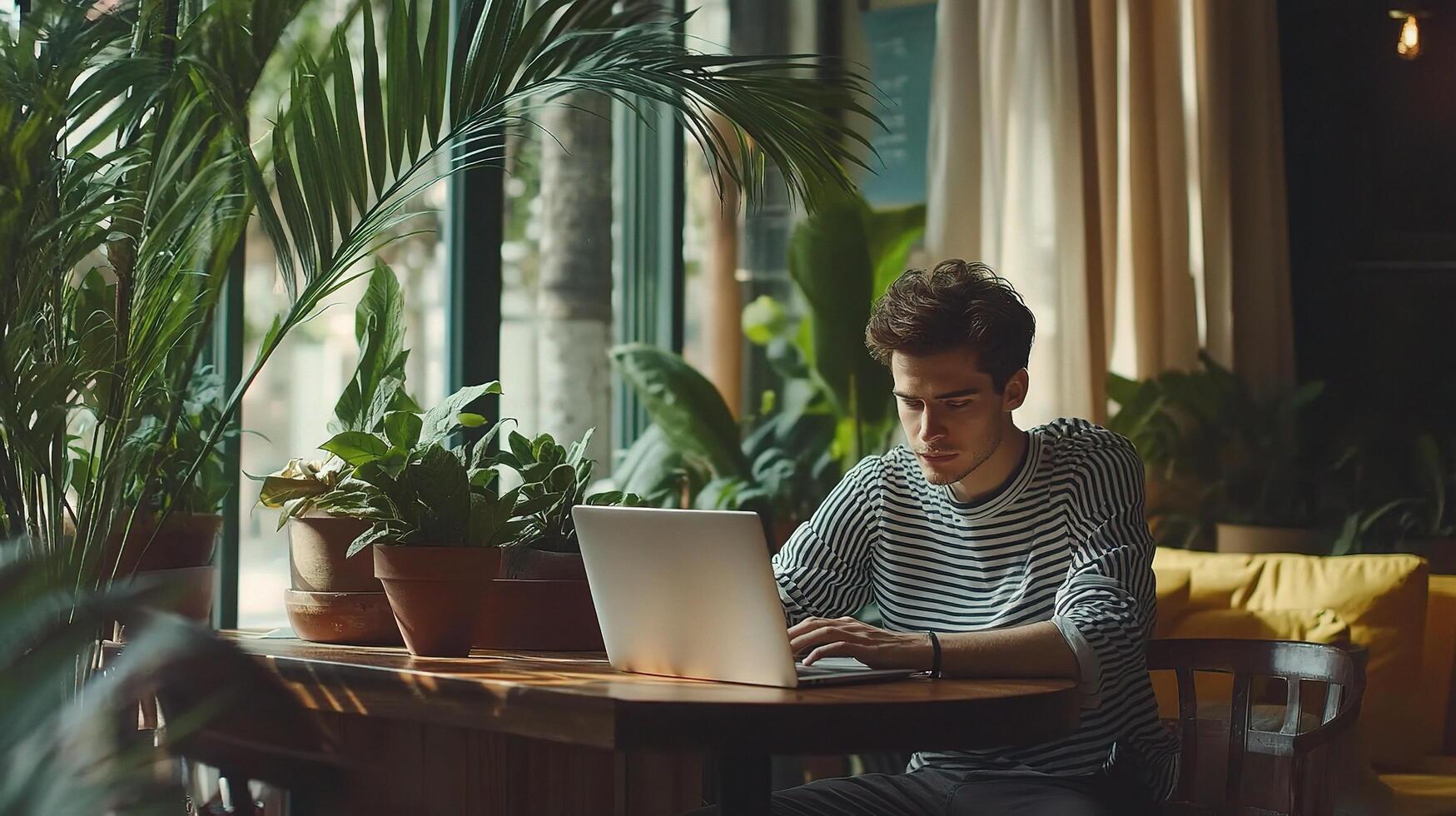 A man sitting at a table with a laptop photo
