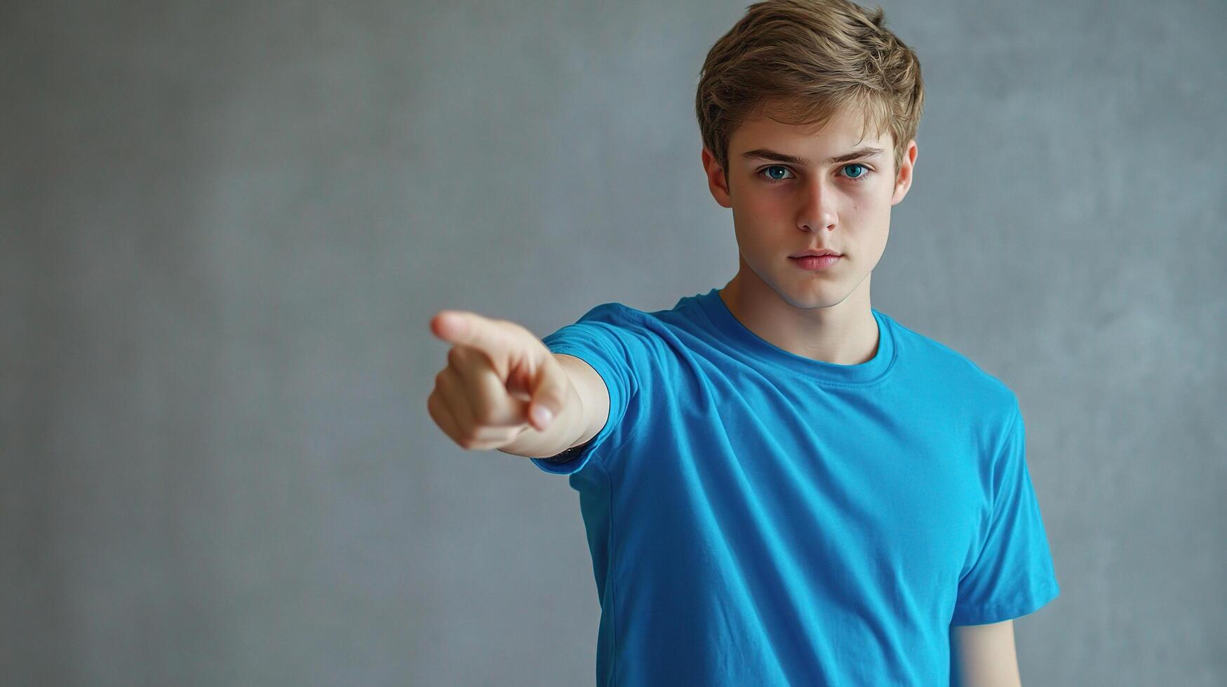 A young man pointing at something photo
