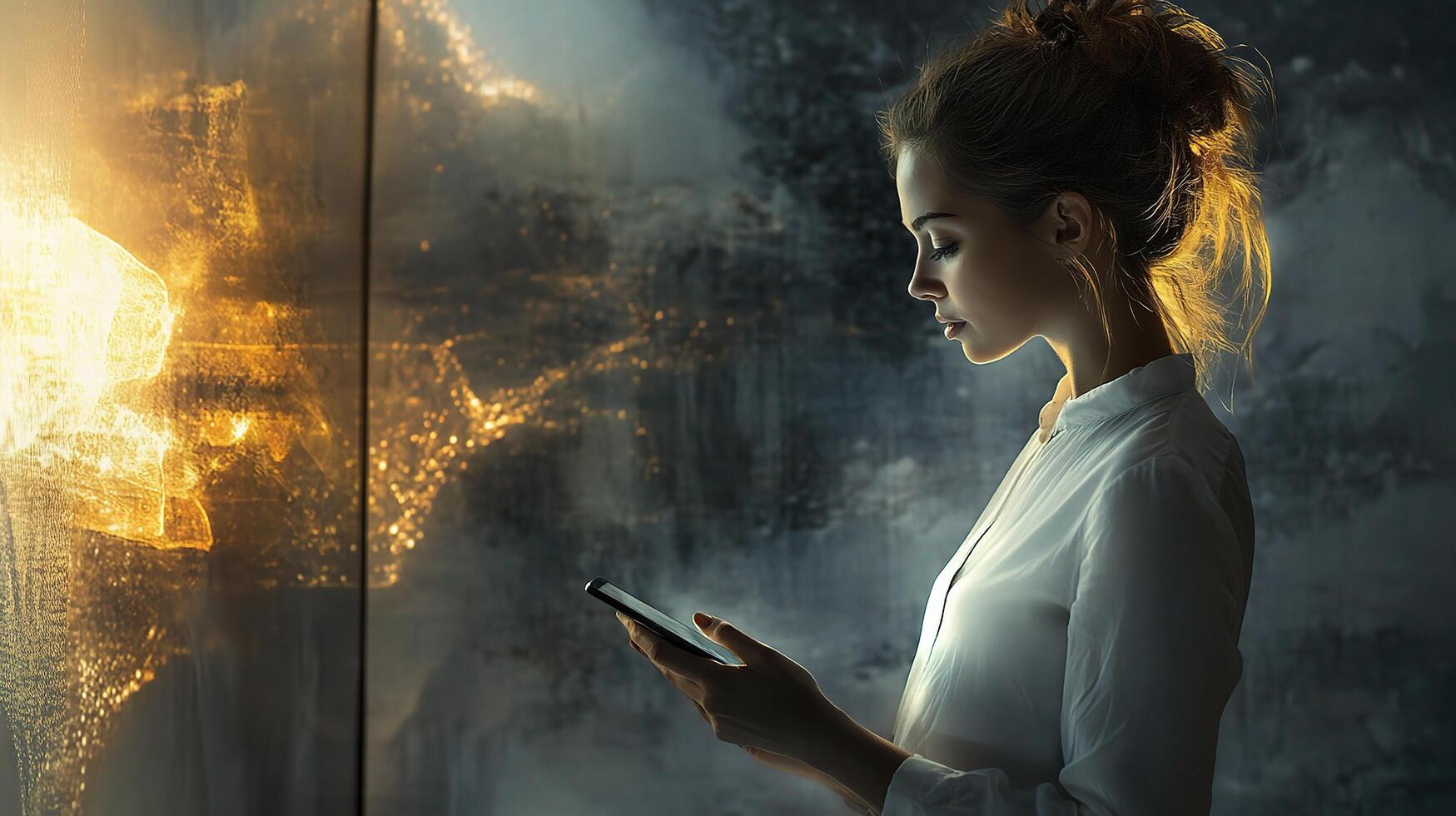 A woman is looking at her phone while standing in front of a wall photo
