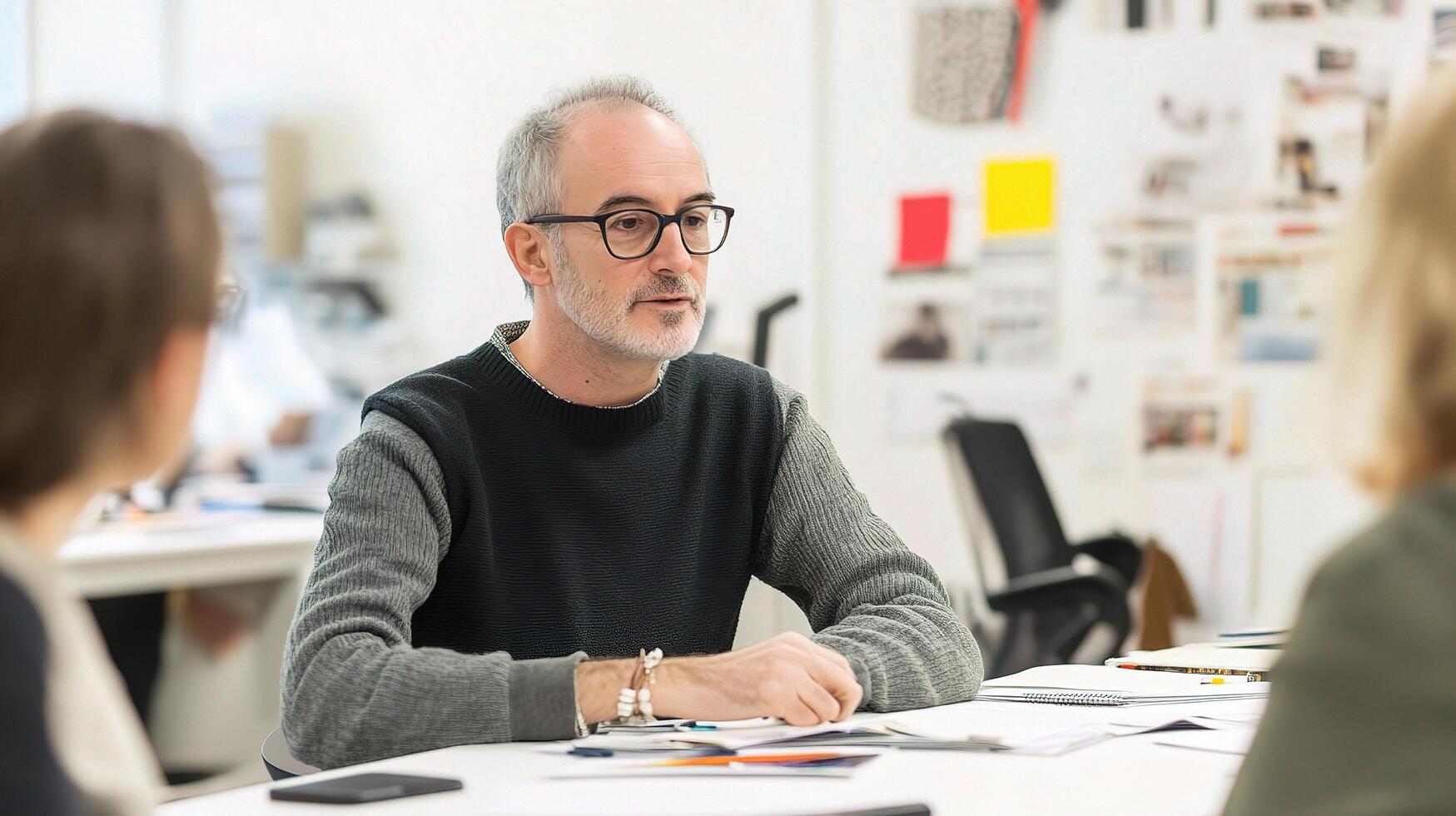 Mature Designer Engaging in Discussion with Colleagues at Table photo
