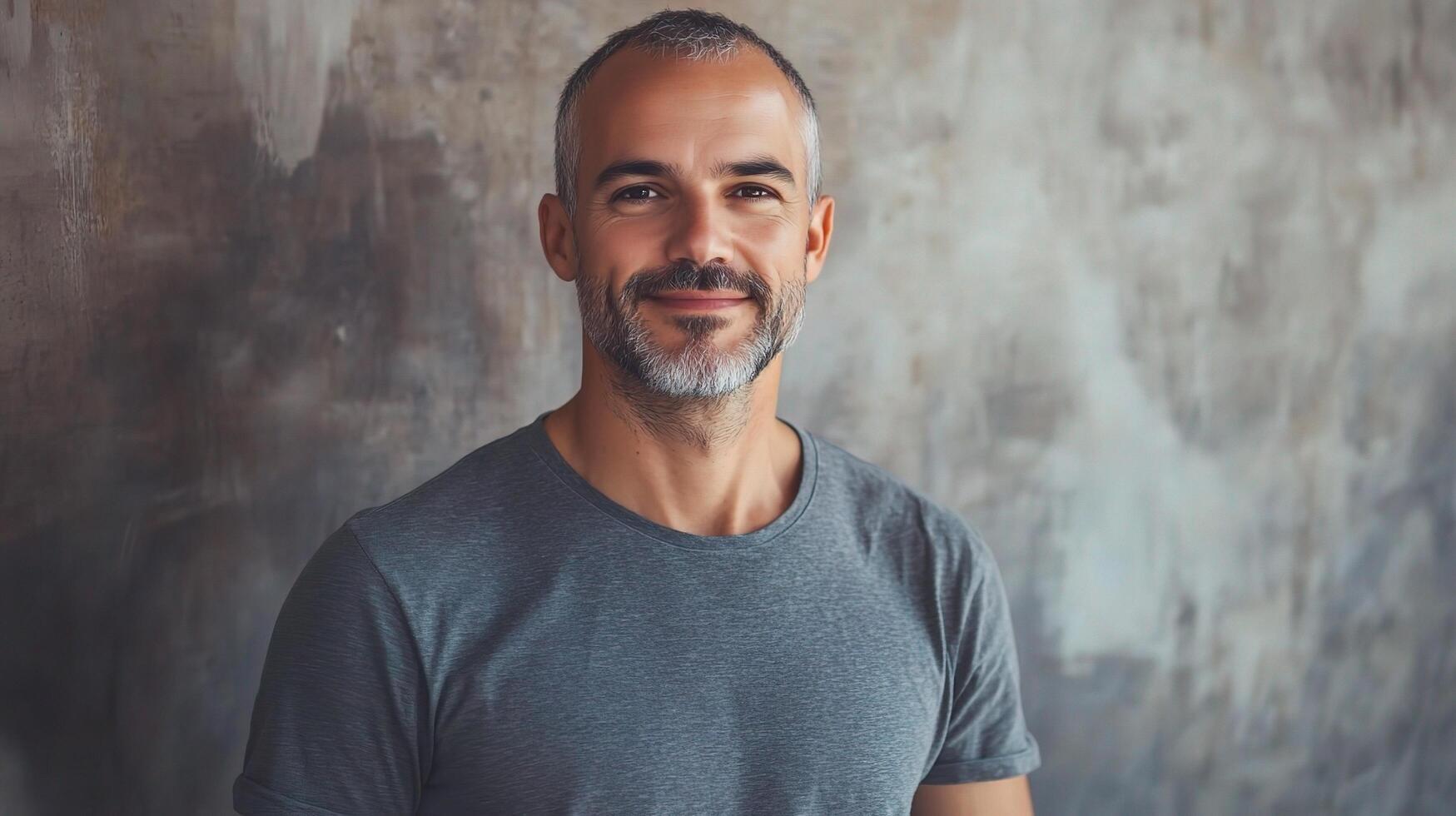 A man with a beard and grey t - shirt standing in front of a wall photo
