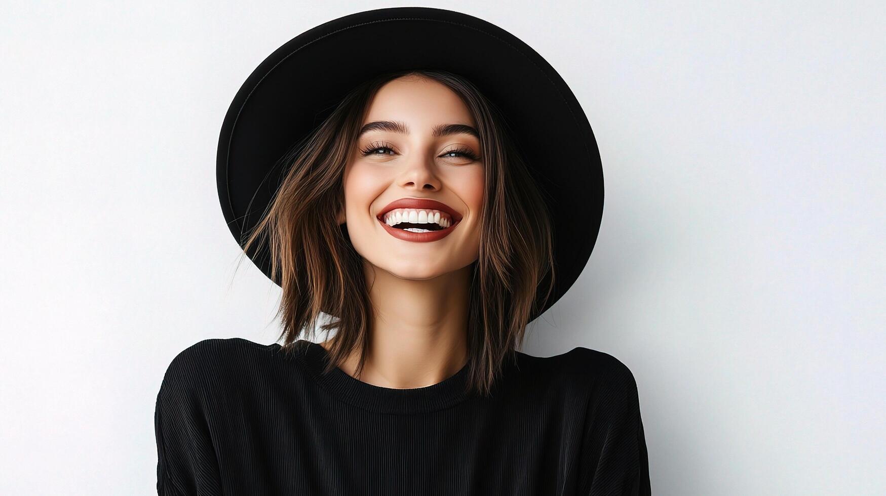 A woman in a black hat smiling photo