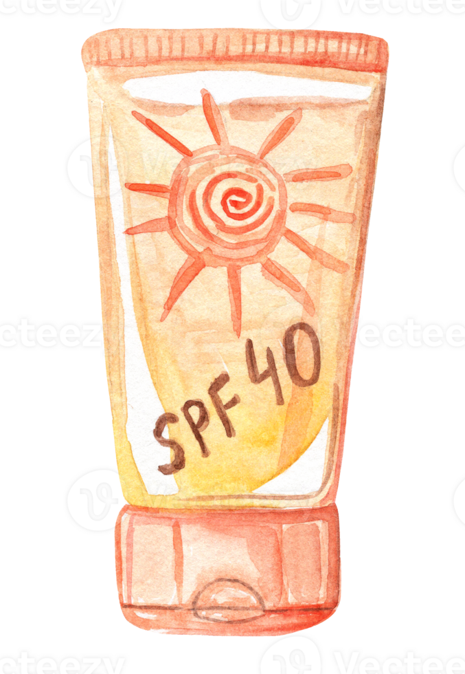 watercolor hand drawn orange suntan cream tube with sun isolated png